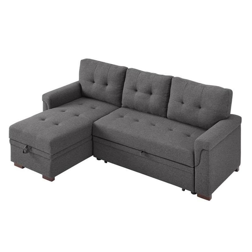 BOWERY HILL Reversible Sectional Sleeper Sofa Bed with Storage - Steel Gray Linen Fabric - Space Saving Furniture for Small Apartments, Living Rooms & Guest Rooms