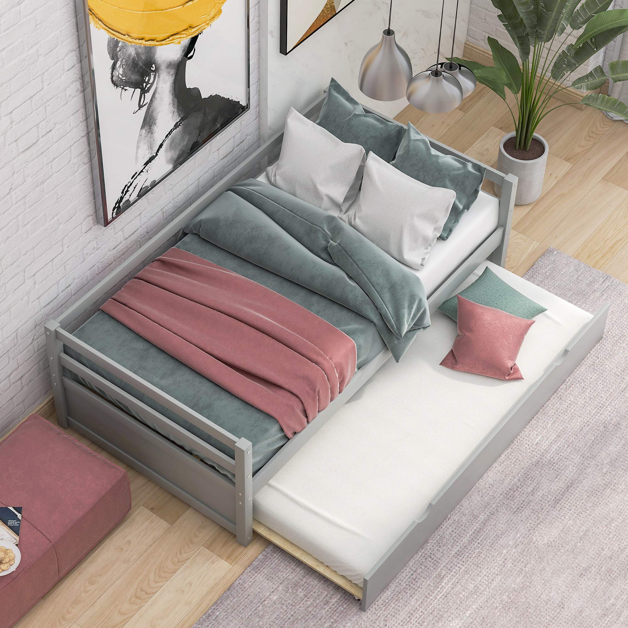 Merax Solid Wood Daybed with Trundle - Twin Size Bed Frame for Teens & Adults - Easy Assembly, No Box Spring Needed - Gray - Perfect for Guest Rooms, Dormitories & Small Spaces