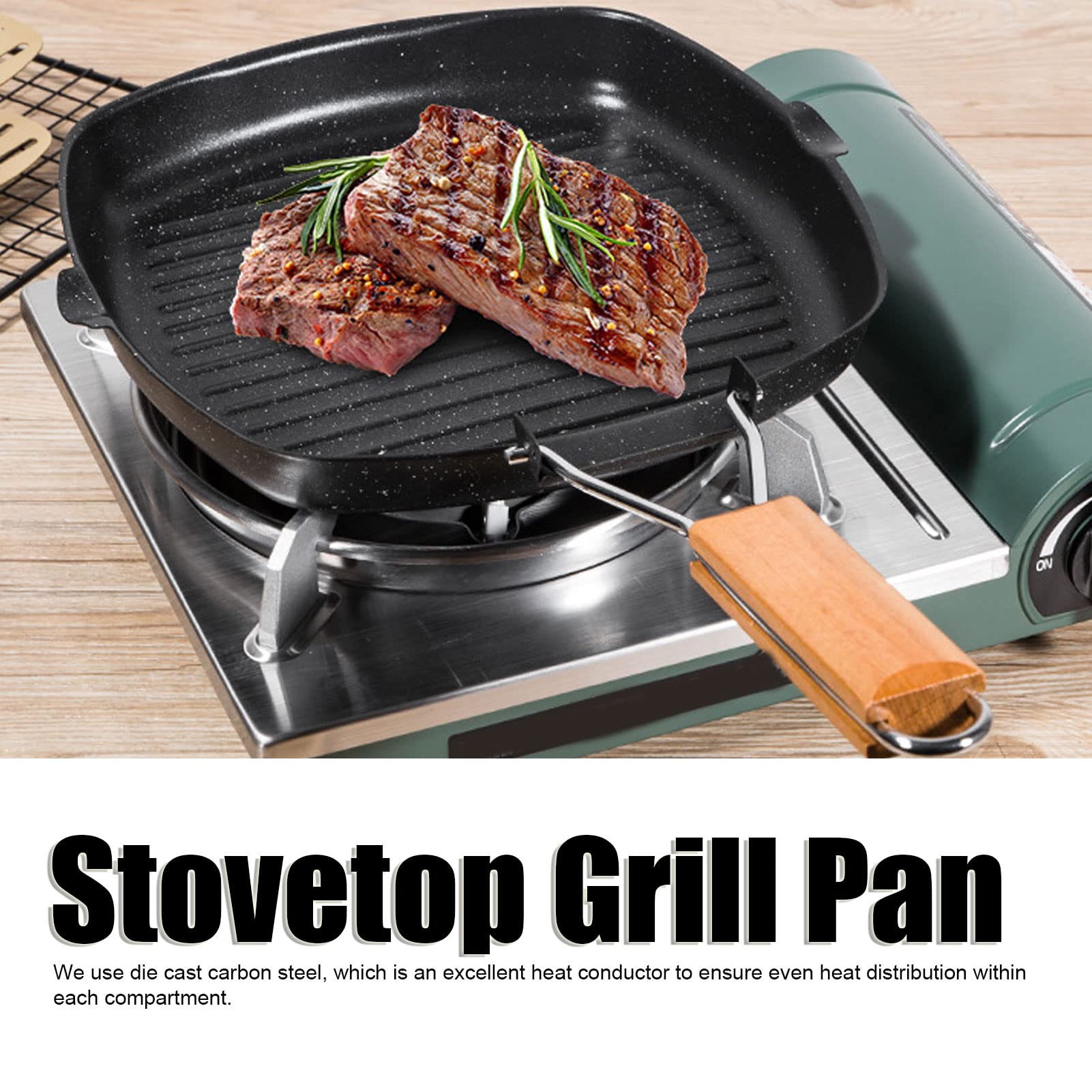 Premium Cast Iron Grill Pan - Large 28x20cm Nonstick Steak Griddle with Folding Beech Handle - Perfect for BBQ, Camping & Home Cooking - Heavy Duty Striped Grill Pan for Steaks, Burgers & Vegetables