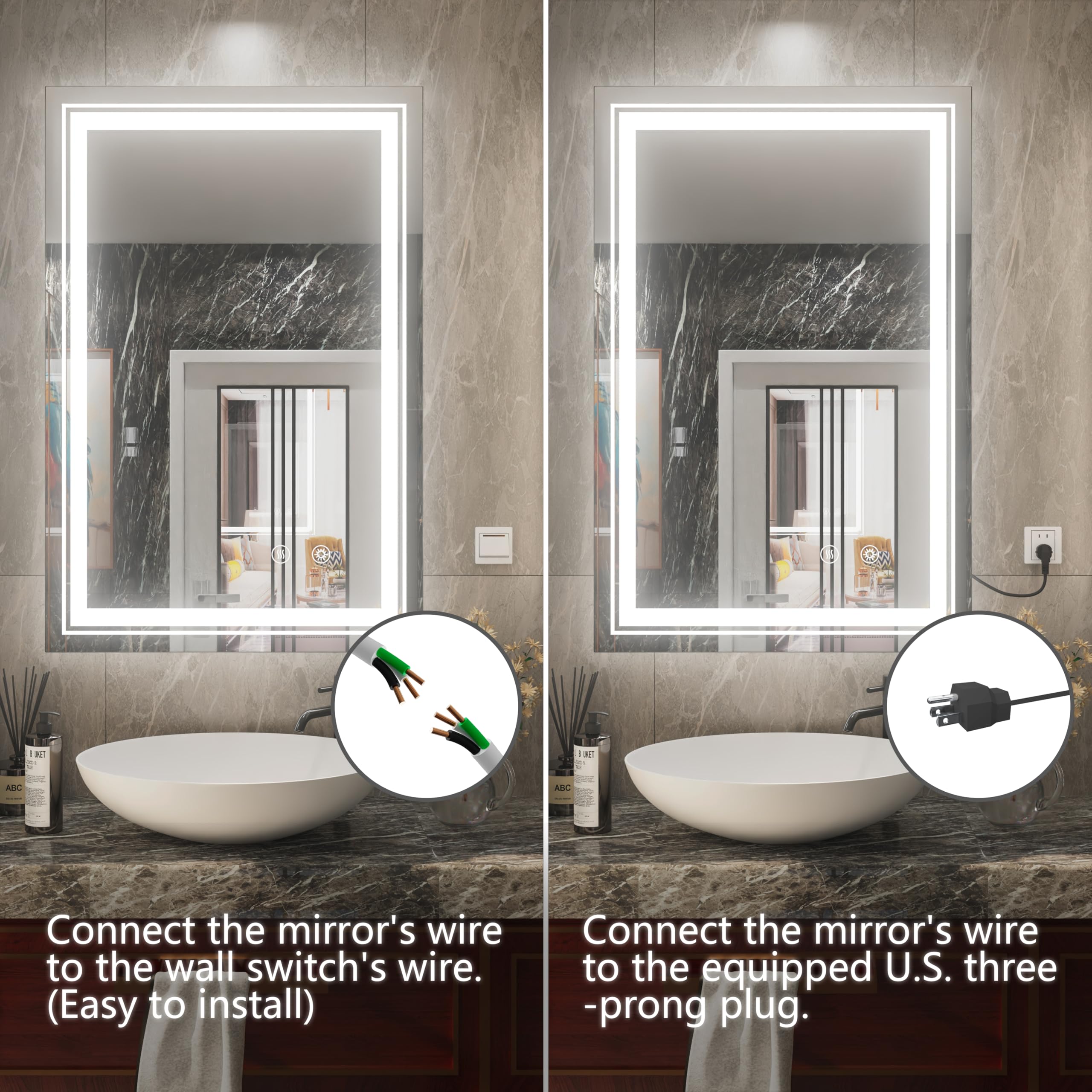 24 x 36 Inch LED Bathroom Mirror with Lights - Dimmable Anti-Fog Vanity Mirror with Memory Function, 6000K Natural Light, Wall Mounted (Horizontal/Vertical) for Makeup, Shaving & Home Decor