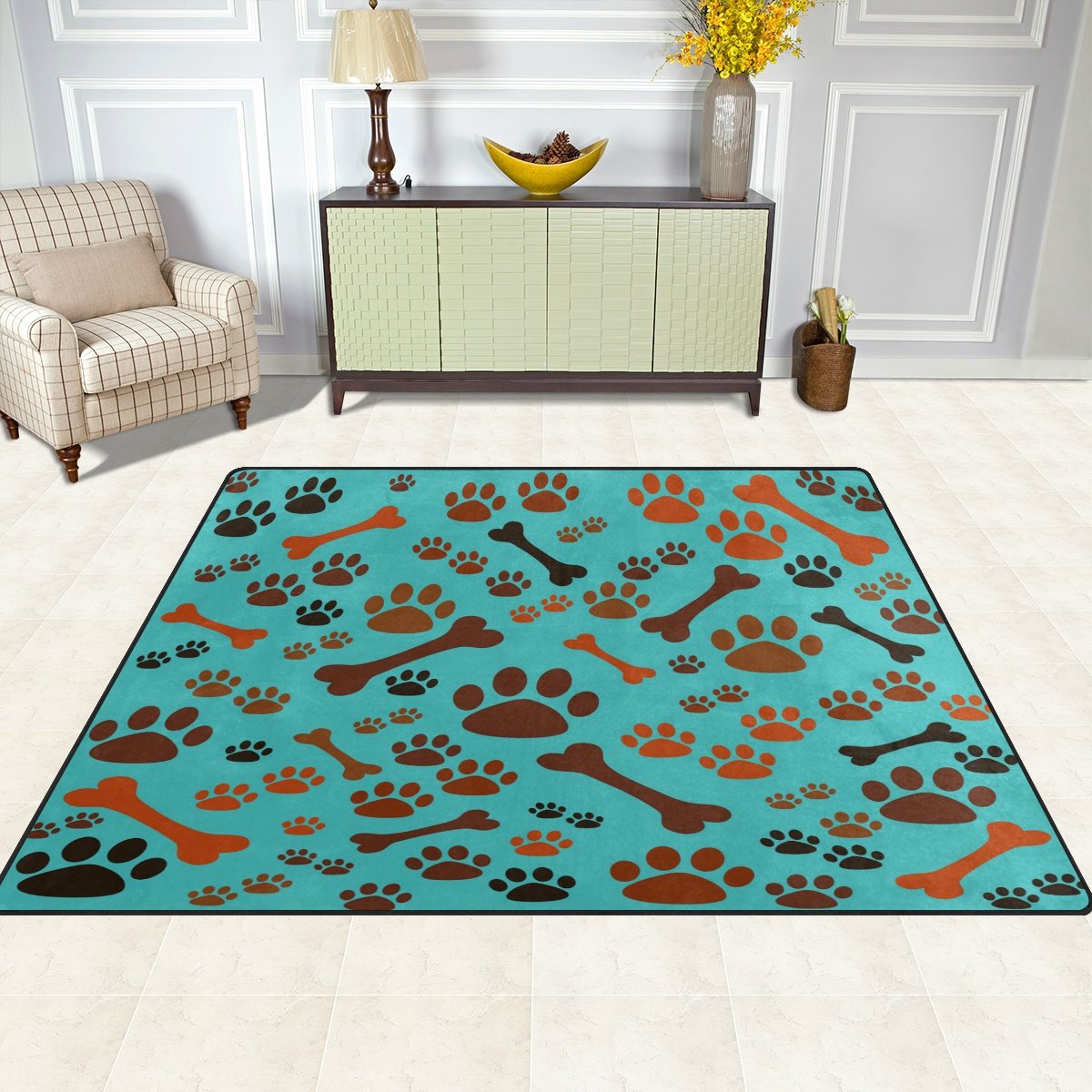 ALAZA Cartoon Dog Paw Print Bone Area Rug - Non-Slip Soft Pet Themed Rug for Living Room, Bedroom, Nursery - 5'3