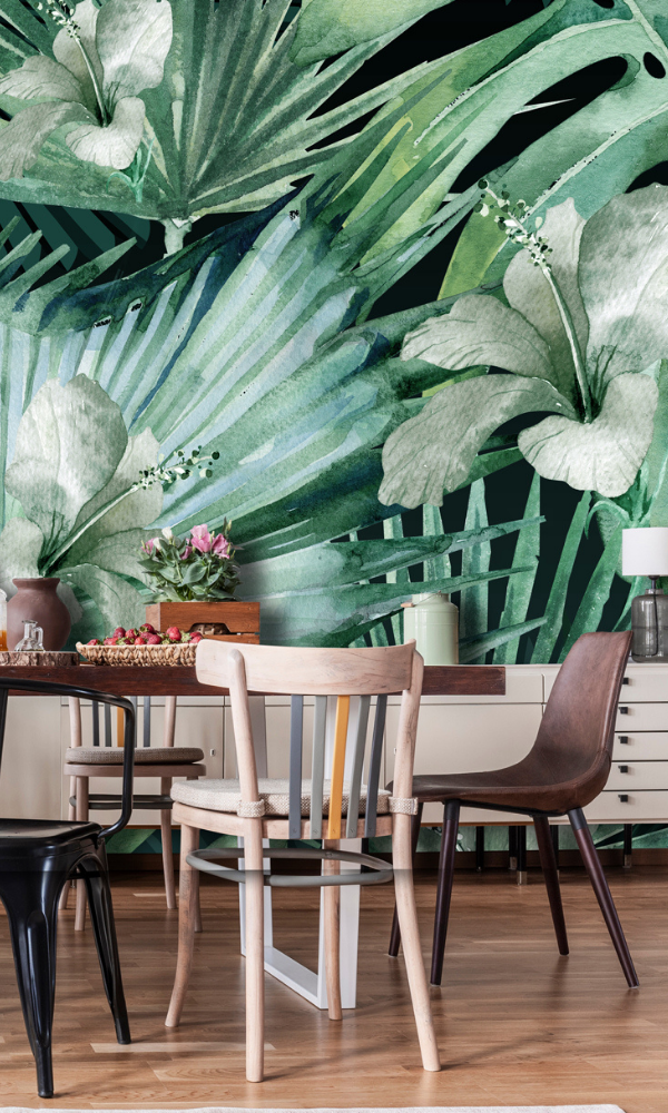 Forest Green Bold Flowers and Leaves Peel and Stick Wallpaper Mural M9983 - Self-Adhesive Removable Wall Decor for Bedroom, Living Room, Nursery or Office