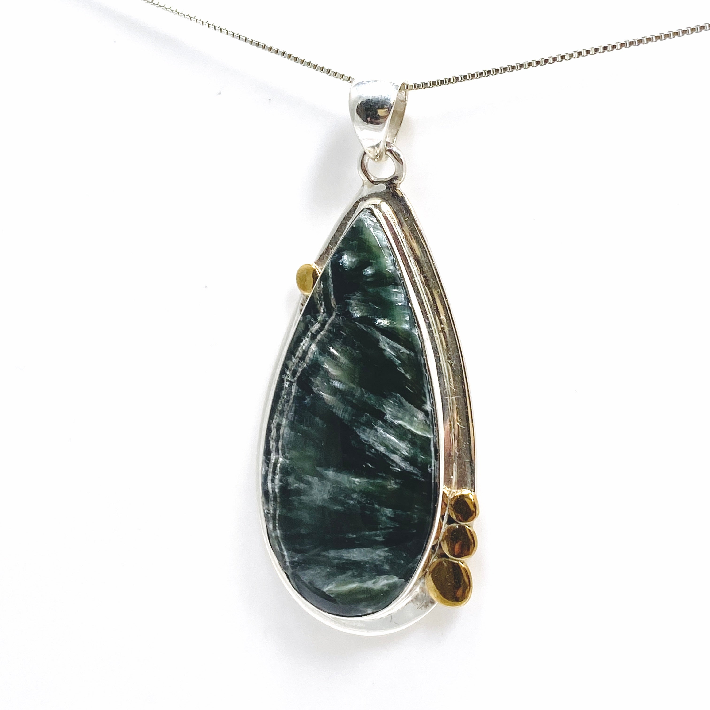 Seraphinite Teardrop Cabochon Pendant Necklace - 925 Sterling Silver Decorative Setting KPGJ4843 | Healing Crystal Jewelry for Meditation & Spiritual Gifts