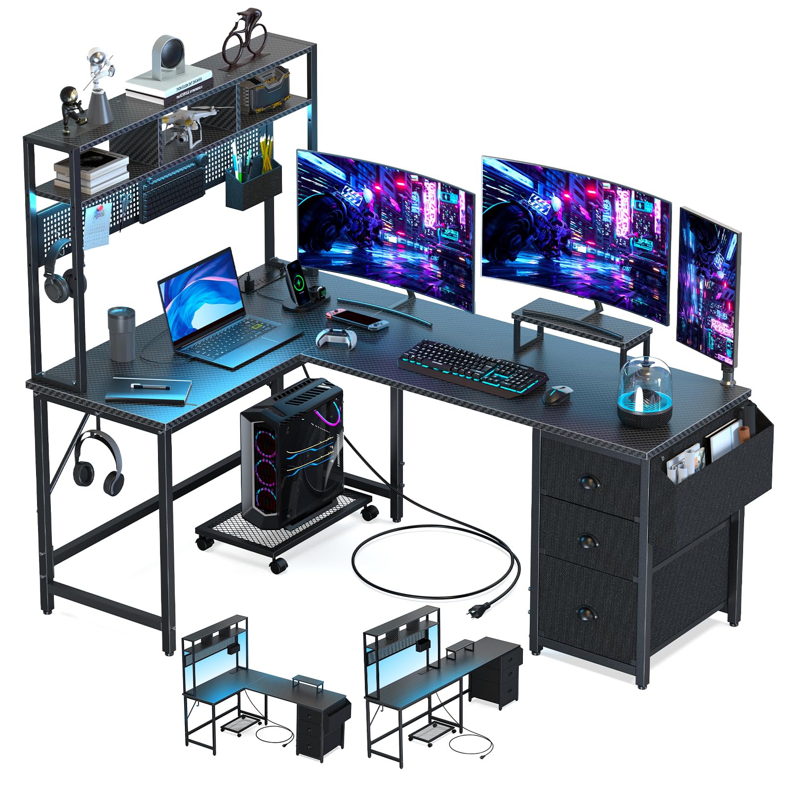 Premium L-Shaped Gaming Desk with Pegboard, Shelves & Drawers - Black Carbon Fiber Home Office Desk with Power Outlet, LED Lights, Monitor Stand & CPU Holder - Perfect for PC Gaming Setup, Streaming & Workstation