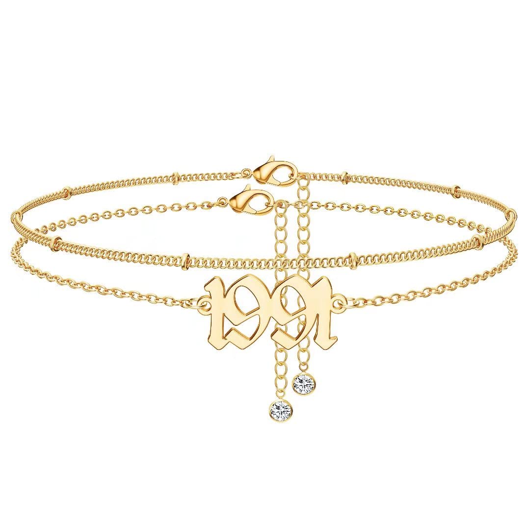 14K Gold Plated Birth Year Anklet - Women's Beach Jewelry & Birthday Gift