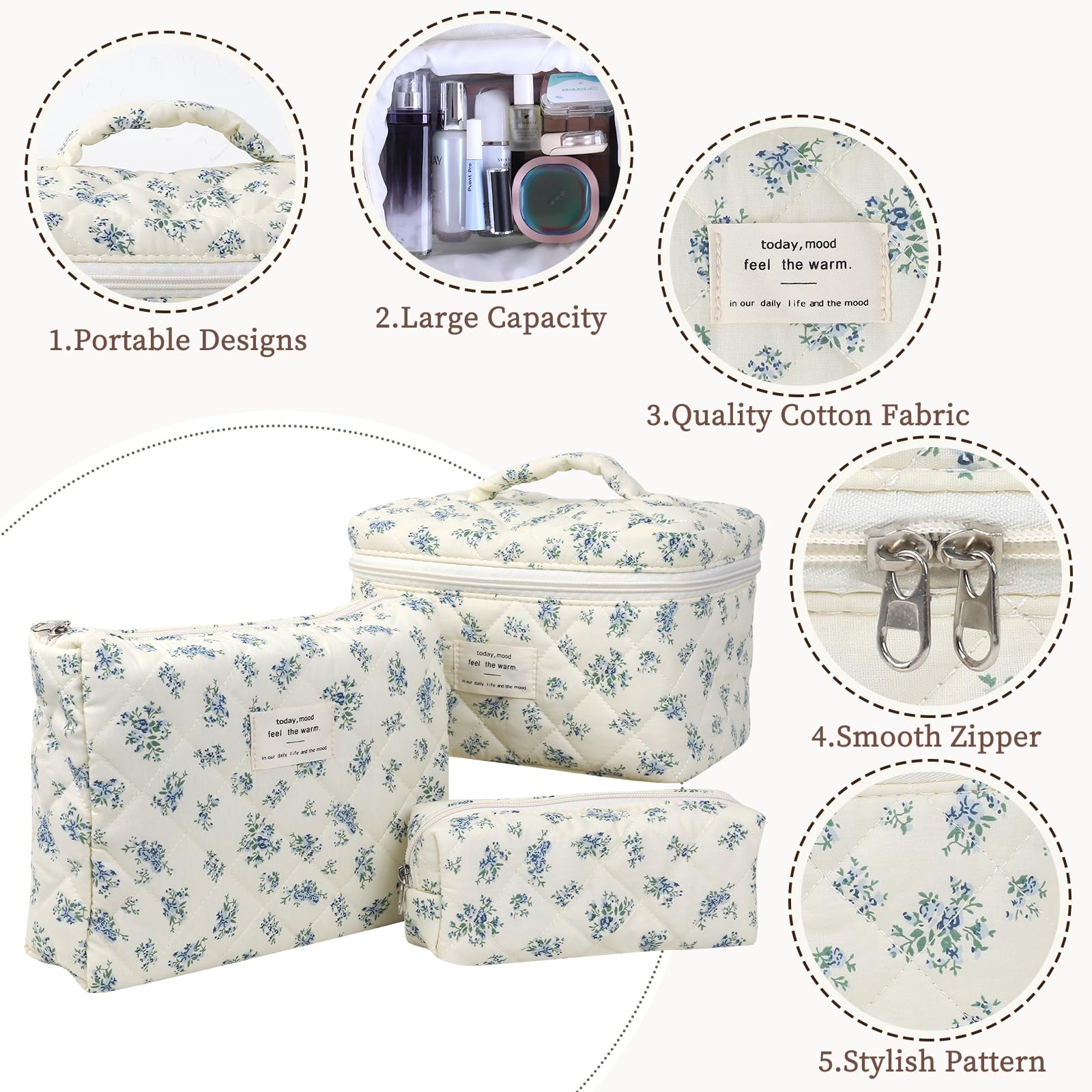Quilted Makeup Bag for Women, Floral Cosmetic Travel Organizer - Perfect for Toiletries & Travel