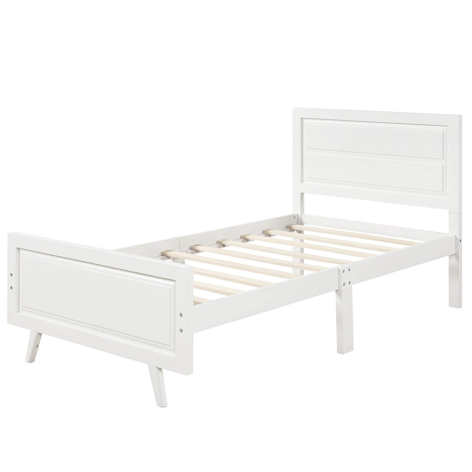 White Wood Platform Twin Bed Frame with Headboard & Slat Support - Sturdy Mattress Foundation for Kids, Teens & Guest Rooms - Easy Assembly & Modern Minimalist Design