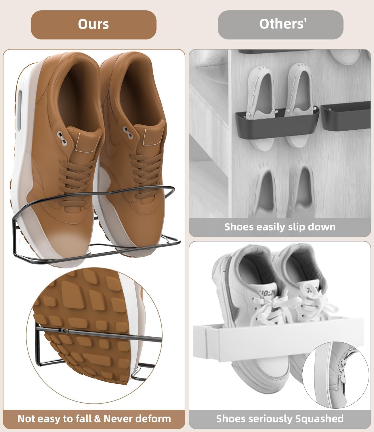6-Pack Wall Mounted Shoe Rack with Sticky Hanging Strips - Metal Wall Shoe Storage Organizer for Sneakers, Sandals & Boots - Space Saving Solution for Closet, RV, Door & Small Apartments
