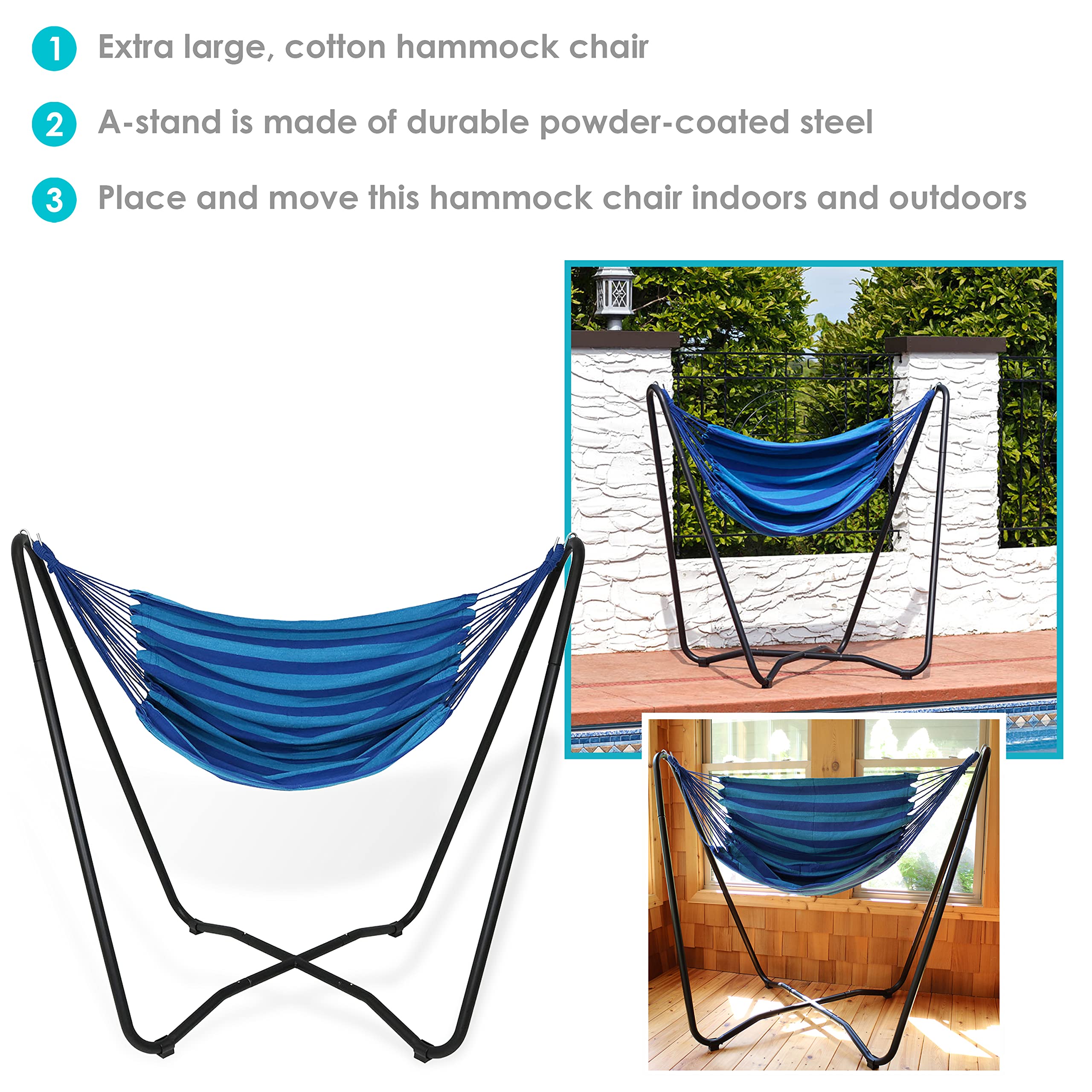 Sunnydaze Hanging Hammock Chair with Space-Saving Stand - 330lb Weight Capacity for Indoor & Outdoor Use - Perfect for Porch, Patio, Backyard, Beach & Garden Relaxation