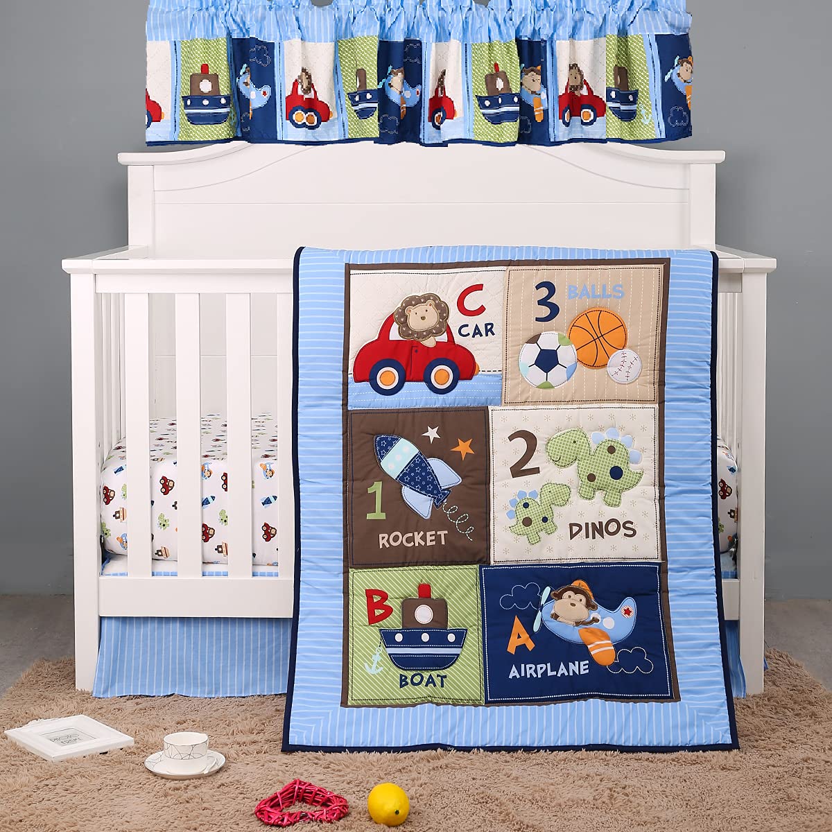 Blue Airplane Car & Ship Nursery Window Valance - Boys Room Decor, Baby Shower Gift Idea for Nursery & Kids Bedroom