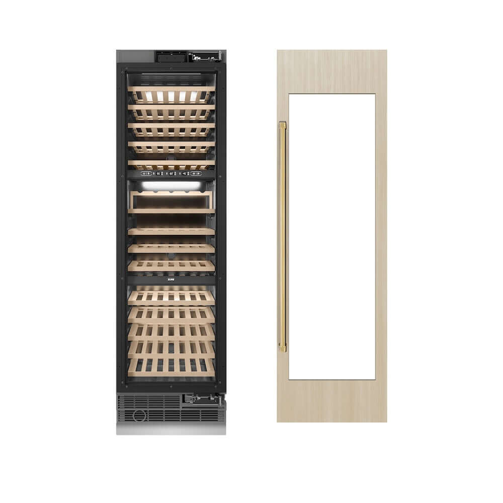 ZLINE Autograph Edition 24-Inch 12.4 cu. ft. Triple Zone 100 Bottle Panel Ready Column Wine Cooler with Polished Gold Accents - Perfect for Home Bars, Wine Cellars & Entertaining (RBCWVZ 24 G)