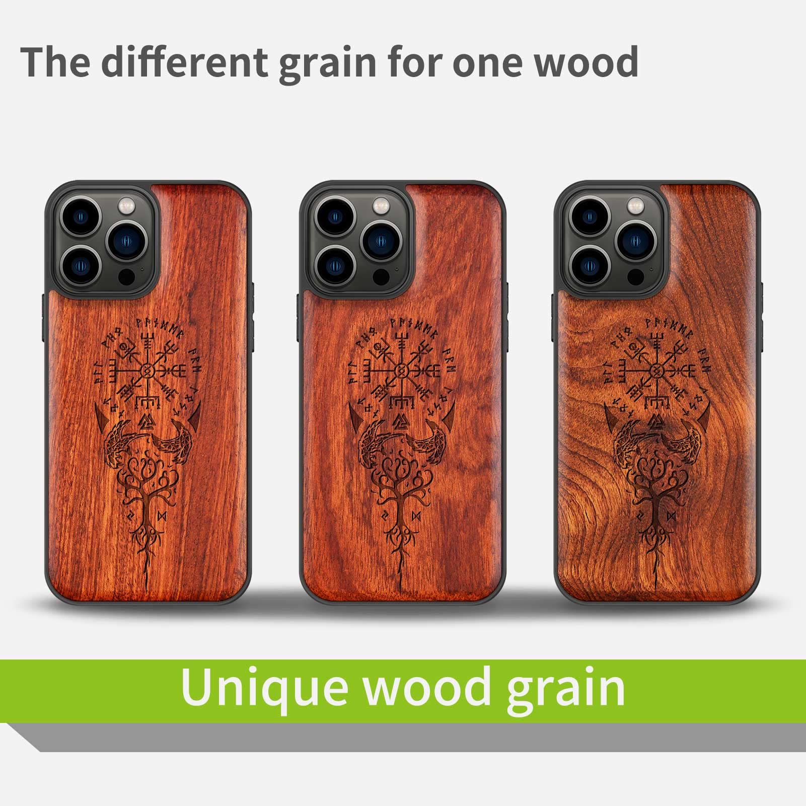Carveit Magnetic Wood Case for iPhone 13 Pro Max - Natural Rosewood & Black TPU Shockproof Cover with MagSafe Compatibility | Viking Compass Vegvisir Design | Perfect for Outdoor Adventures & Daily Protection
