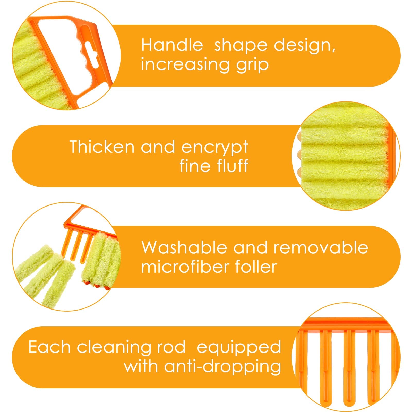 Geiserailie 2-Pack Washable 7-Finger Dusting Cleaner Tool for Window Blinds, Venetian Blinds & Air Conditioner - Mini Handheld Brush with Orange Handle - Removes Dust & Dirt from Wood Blinds, Furniture & Hard-to-Reach Areas