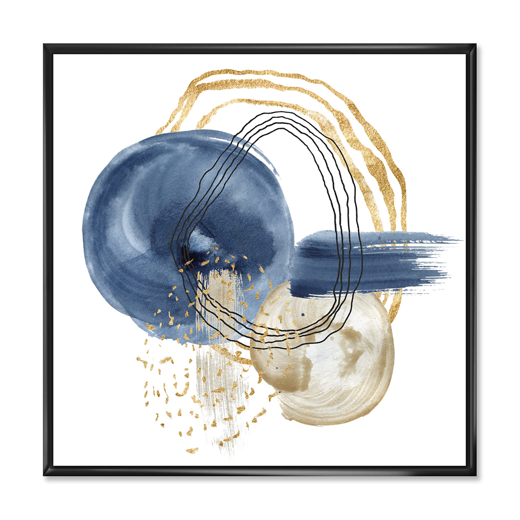 Abstract Dark Blue Gold & Black Underwater Life Canvas Wall Art - Modern Framed Ocean Painting for Living Room, Bedroom & Office Decor