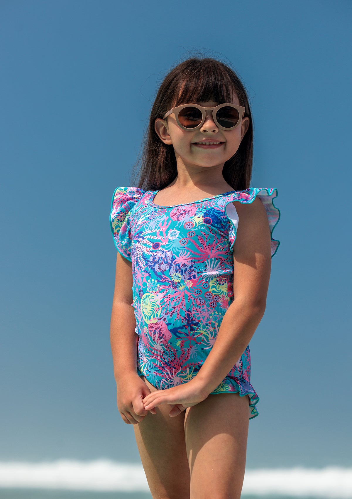 **Coral Little Girls Swimsuit & Matching Father-Daughter Swim Set - Perfect for Beach, Pool, and Family Vacation Photos**