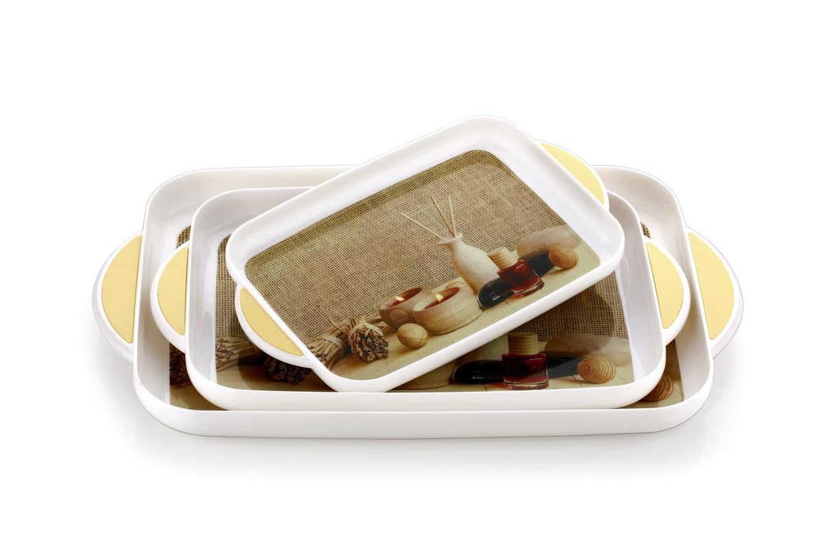 Elegant SORATH Printed Plastic Serving Tray Set - BPA Free, Glossy Finish with Handle - Perfect for Tea, Coffee, Snacks & Home Decor - Ideal for Kitchen, Dining Table & Party Serving (White, 3-Piece Rectangular Set)