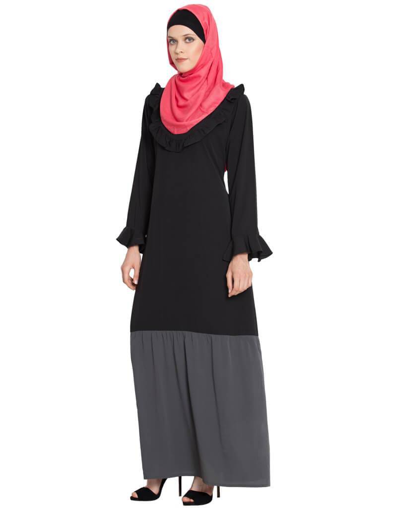 Elegant Grey Arabic Contrast Bottom Frilled Casual Abaya Dress - Perfect for Daily Wear, Prayer, and Special Occasions