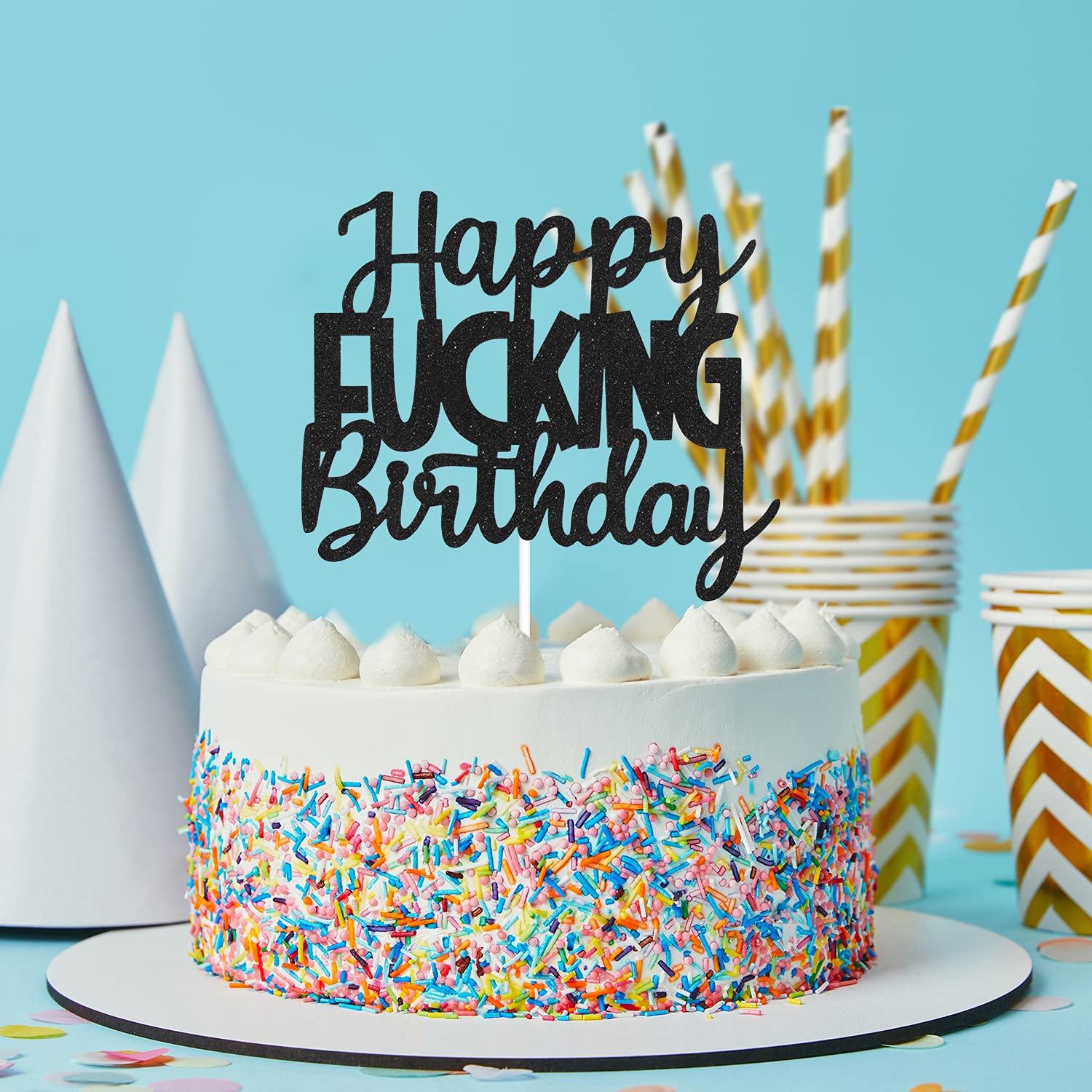 Funny Happy F**king Birthday Cake Topper - Black Glitter Fabulous Cake Decorations for Adult Birthday Parties | Perfect for Bachelorette, Milestone Birthdays & Office Celebrations