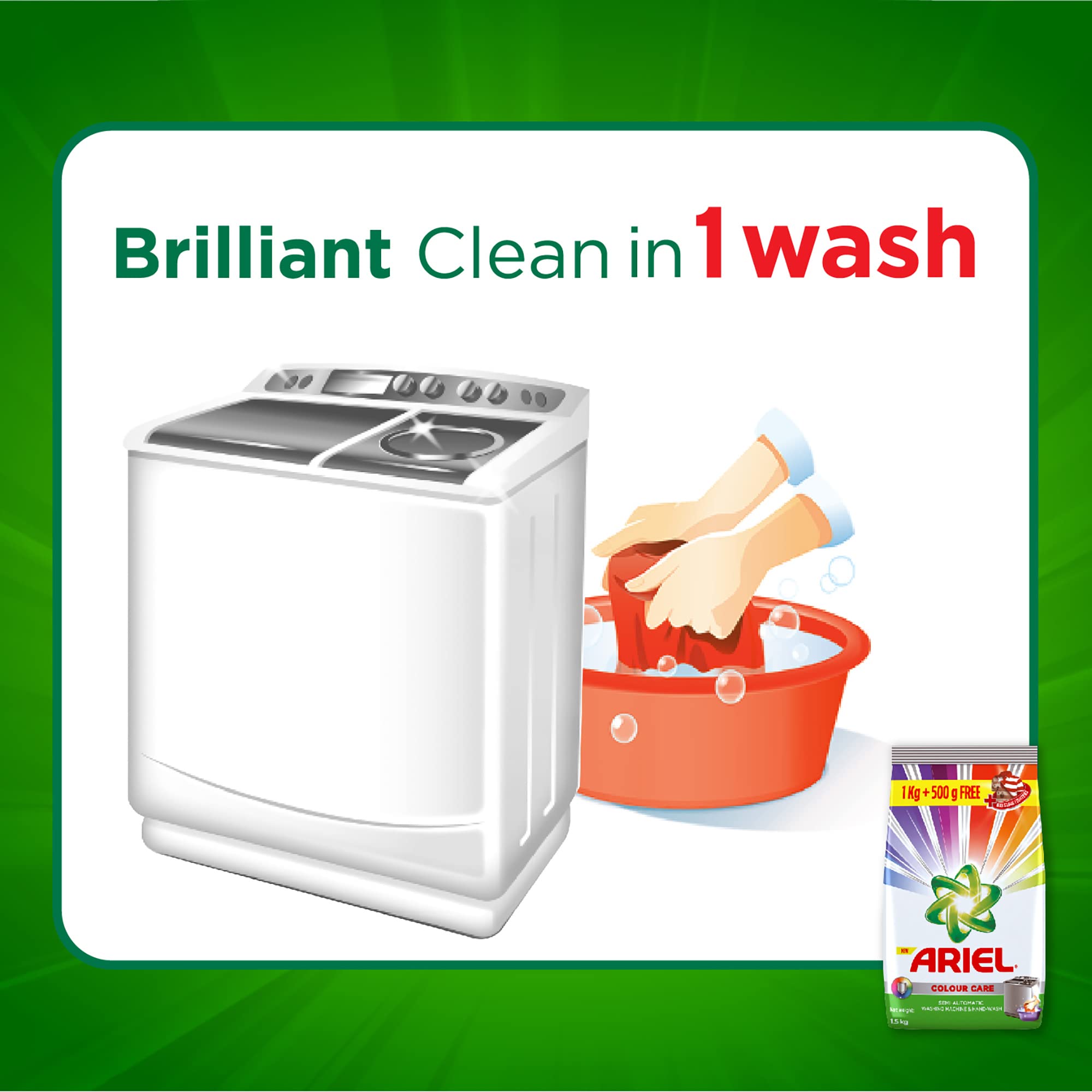 Ariel Color Detergent Washing Powder - 1 kg + Free 500g Bonus | High-Efficiency Laundry Detergent for Whites & Colors | Perfect for Family, Travel & Everyday Use