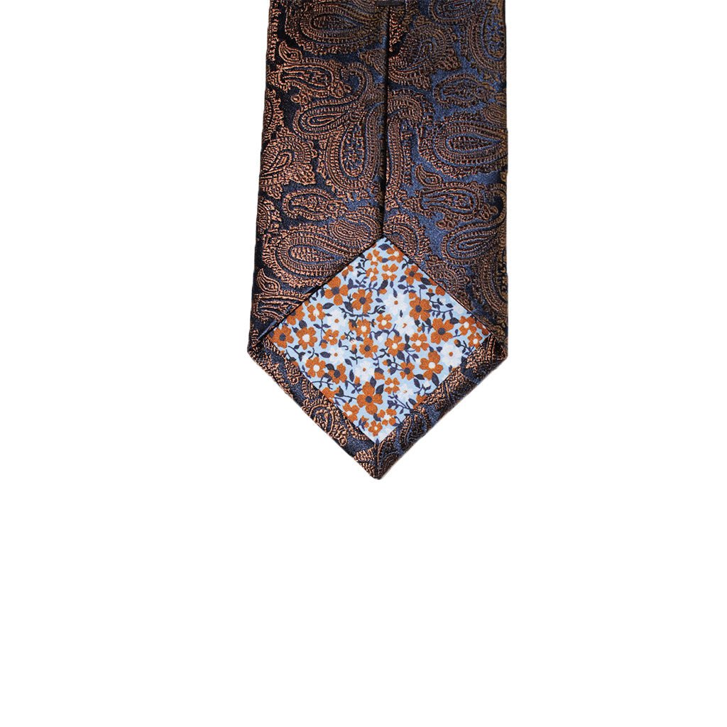 HEMLEY Premium Large Paisley Silk Tie for Men - Navy & Brown Elegant Necktie | Perfect for Weddings, Business Meetings & Formal Occasions