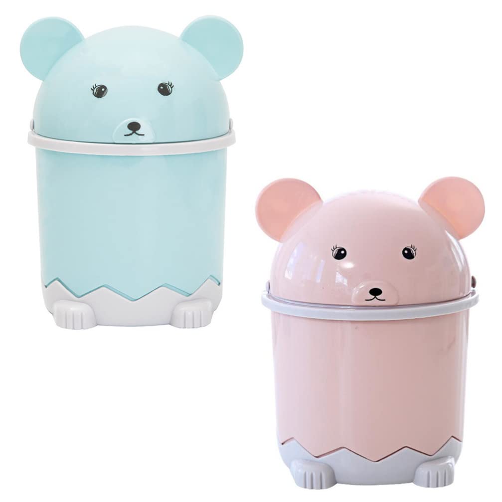 Mini Trash Can with Lid - Small Covered Desktop Waste Basket, Cute Cartoon Garbage Bin for Office, Home & Car (Pink & Blue, 2-Pack) | Perfect for Desk Organization, Bathroom, Bedroom & Kids Room