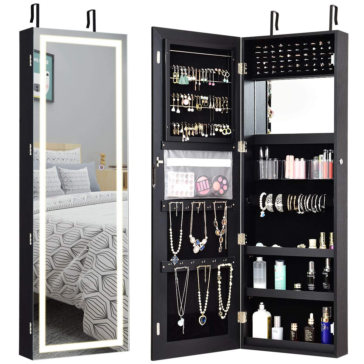 Giantex Black Jewelry Cabinet Armoire with Full Length Mirror - 47.2 Inch Wall Mounted, Lockable, Touch Screen Lighted with 3 Settings, Inside Makeup Mirror & Jewelry Storage Organizer | Perfect for Bedroom, Closet, Dressing Room & Vanity Area