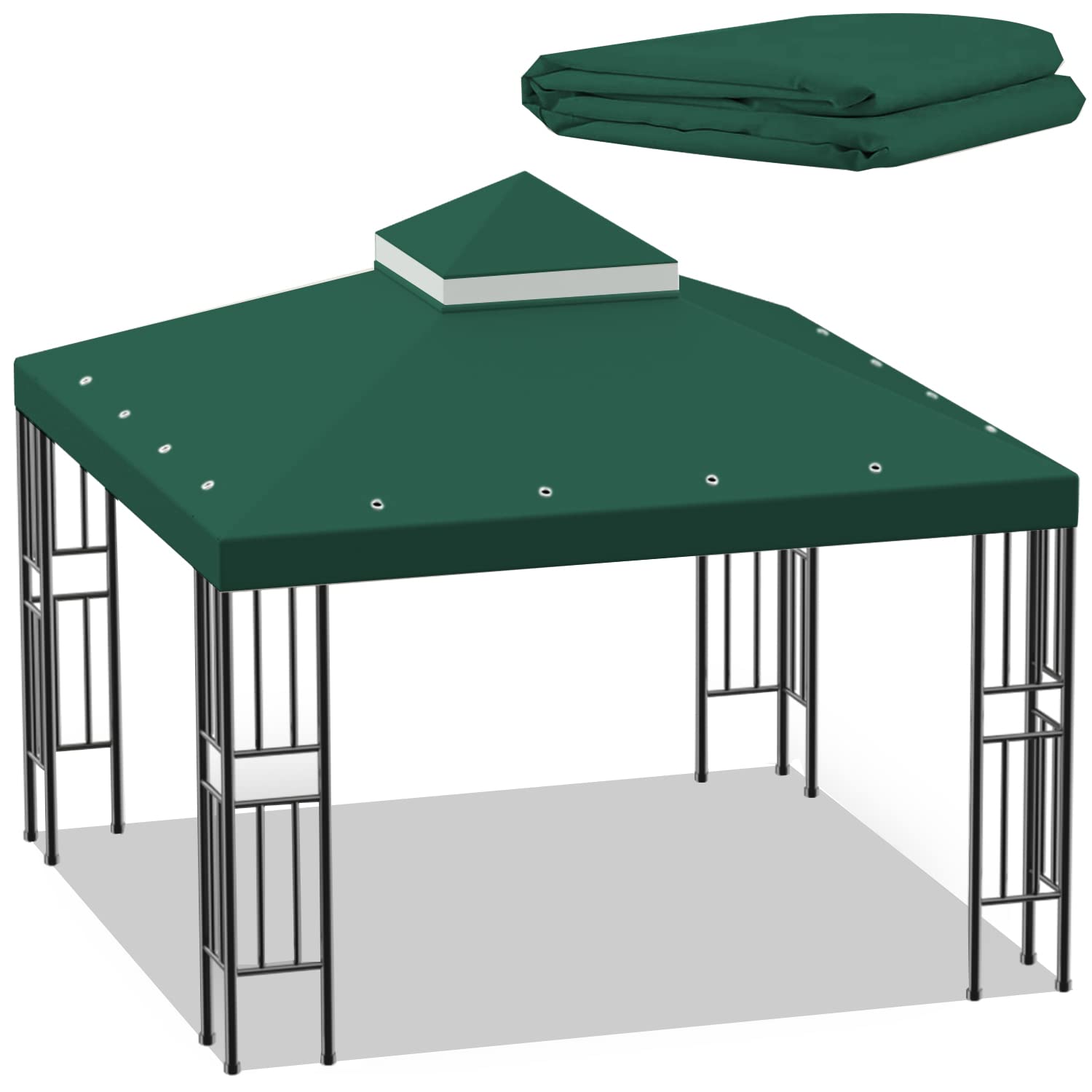 Sumfaller 10x10 FT Gazebo Replacement Canopy - Double Tiered Outdoor BBQ Grill Shelter Roof Cover (Green) | Perfect for Patio, Backyard, Picnic & Garden Parties