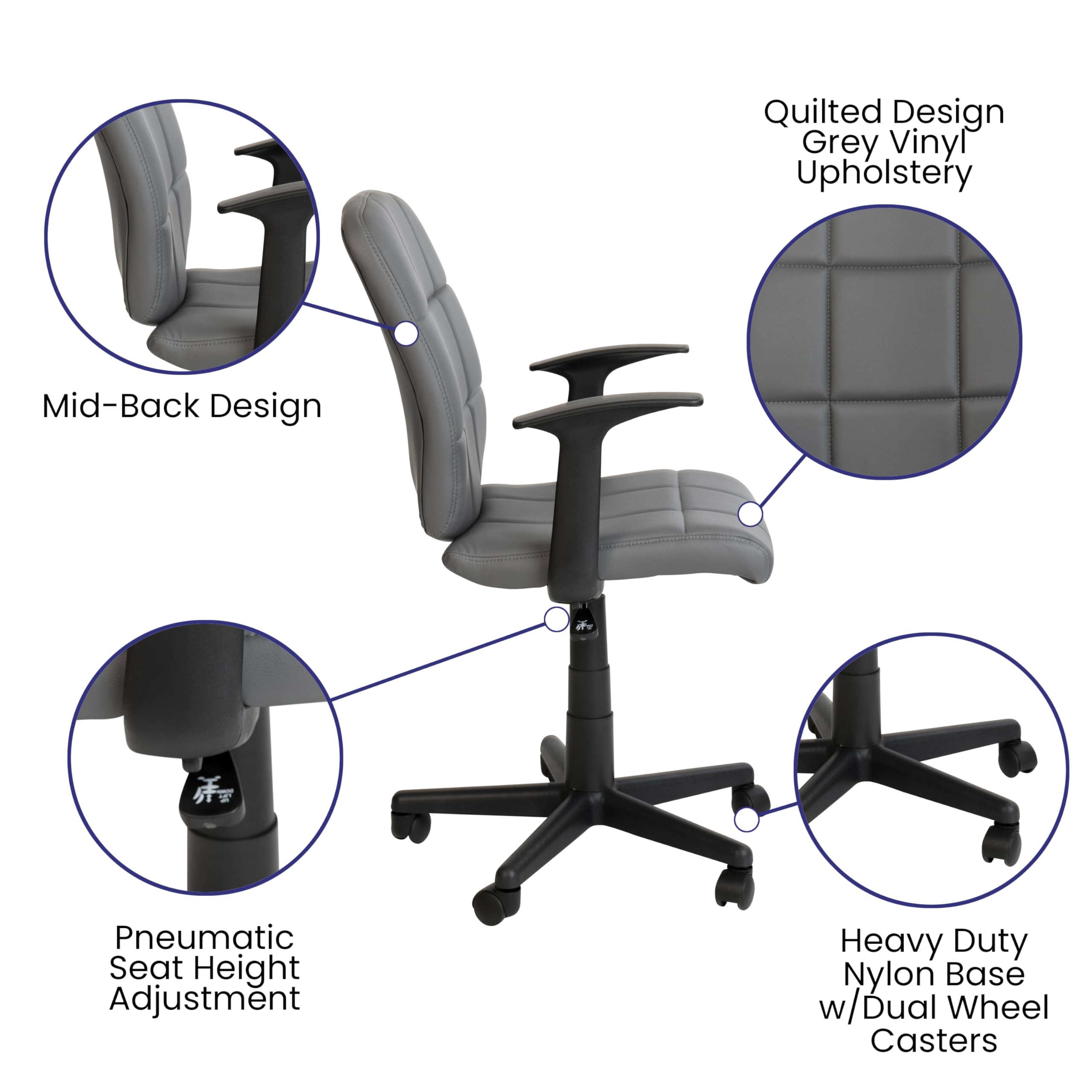 EMMA + OLIVER Mid-Back Gray Quilted Vinyl Swivel Office Chair with Arms - Ergonomic Task Chair for Home Office, Computer Desk, Gaming & Workspace
