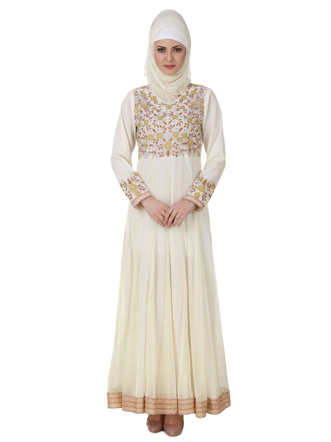Elegant Off White Zaeemah Net & Crepe Abaya Dress for Women - Perfect for Islamic Prayer, Eid Celebrations, and Special Occasions