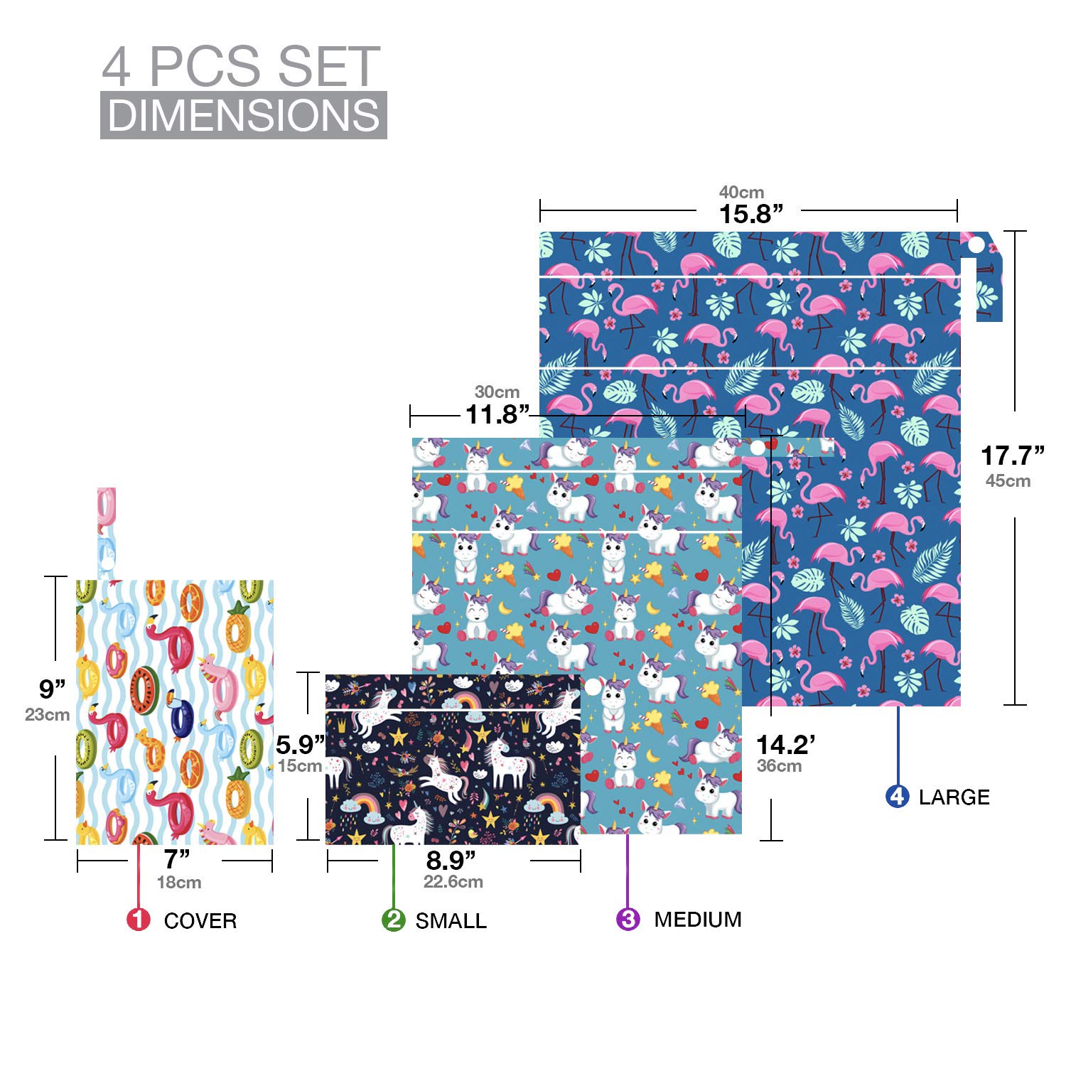 Waterproof Reusable Wet Bag for Diapers, Swimsuits & Toiletries - Washable Travel Gym Yoga Storage Pouch (4 Pack, Flamingo Print, S/M/L) - Perfect for Baby Care, Pool Trips & Sports Activities