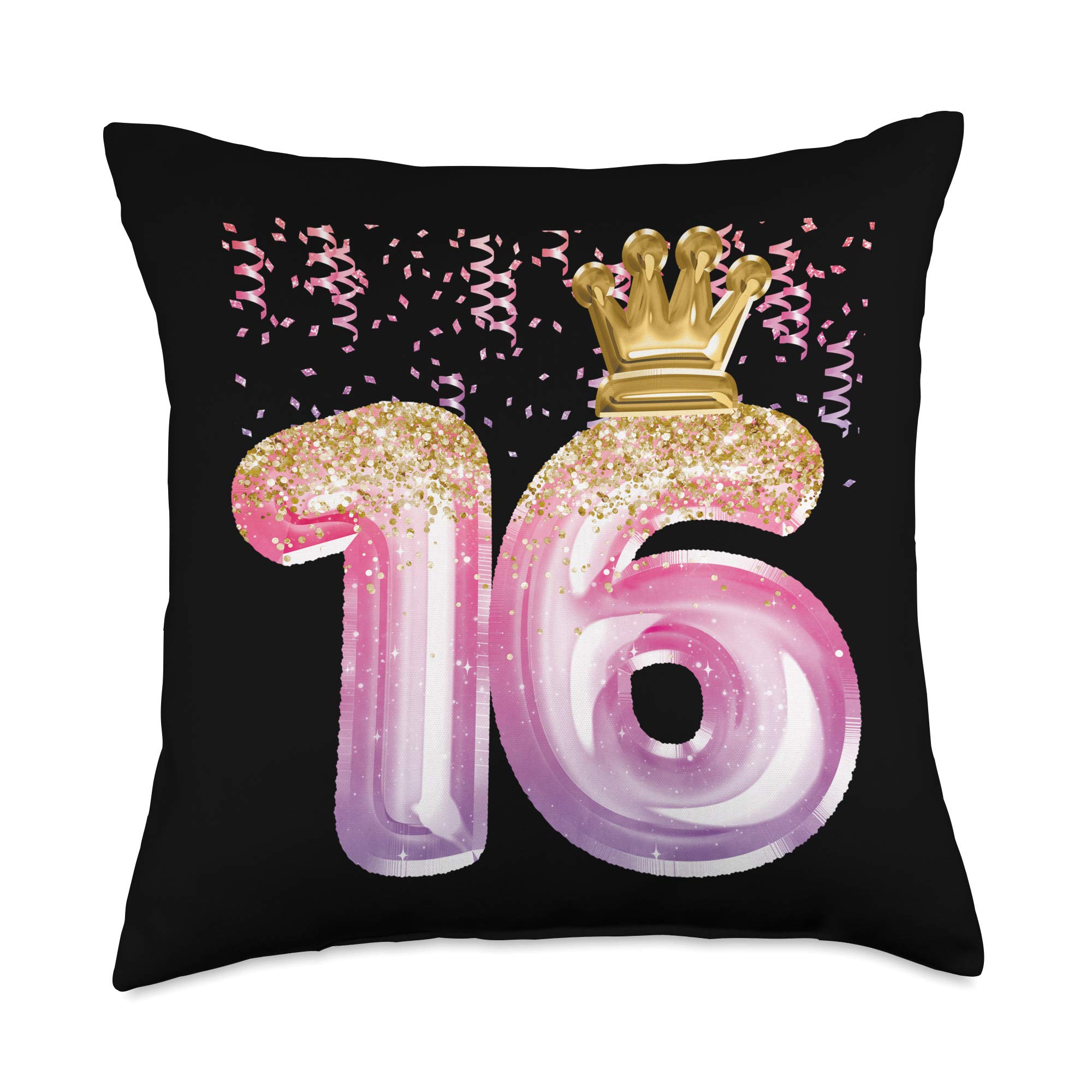 Sweet 16 Birthday Gift for Girls - Pink Balloons & Crown Throw Pillow (18x18 Inch) | Multicolor Decor for Teen Bedroom, Party Decorations & Sweet Sixteen Celebration