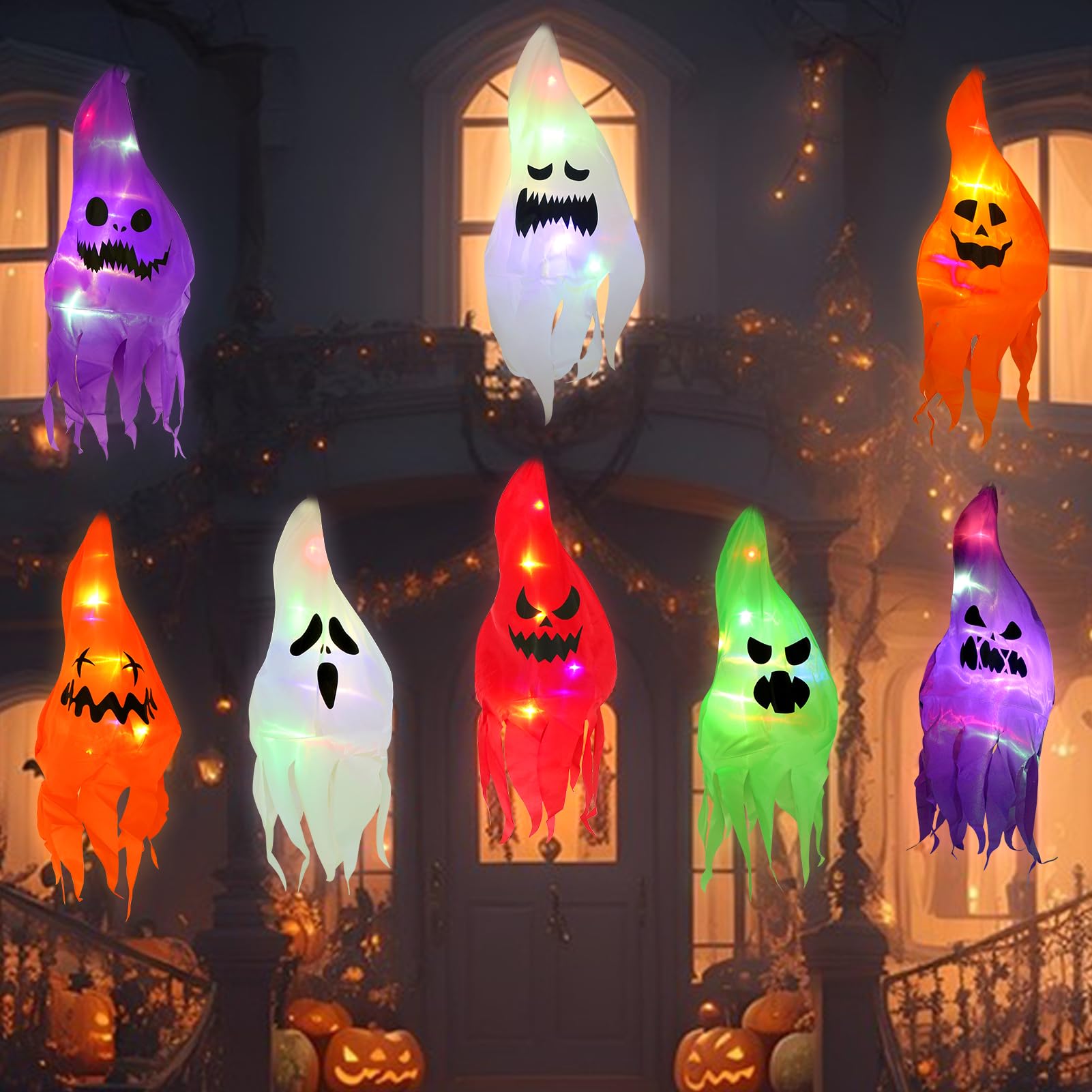 Halloween Hanging Ghost Lights - Outdoor Halloween Decorations with 8 Cute Lighted Ghosts for Front Yard, Patio, Lawn & Garden - Spooky Party & Home Decor
