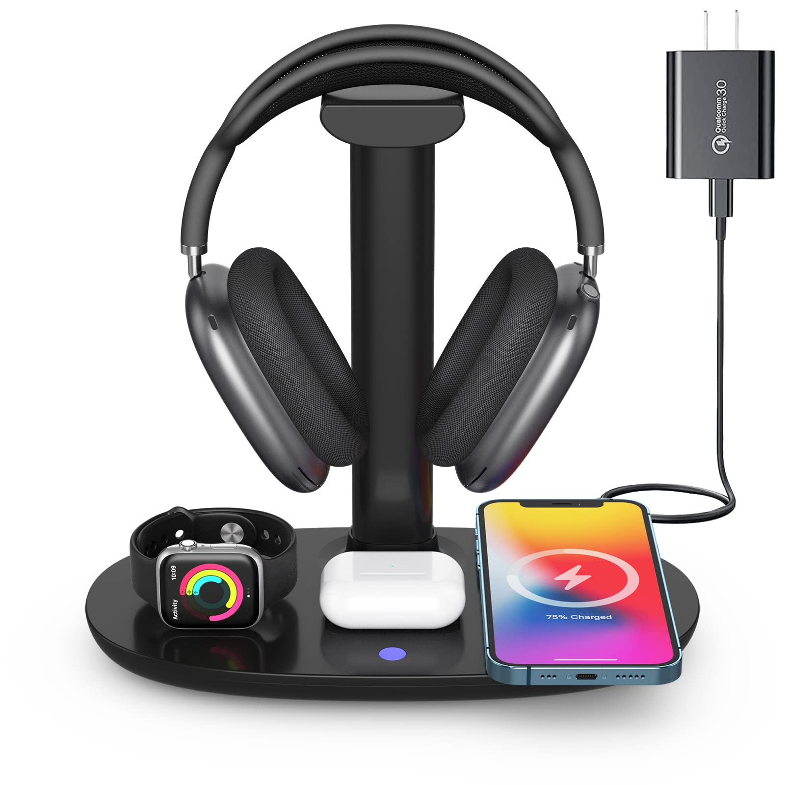 Suguder 4-in-1 Wireless Charging Headphone Stand - 15W Qi Charger for AirPods Max/Pro/2, iWatch Series 8/7/6/5/4/3/2/1/SE & iPhone 14/13/12/11/XS/XR/X/8 - Perfect for Desk, Gaming & Office Organization
