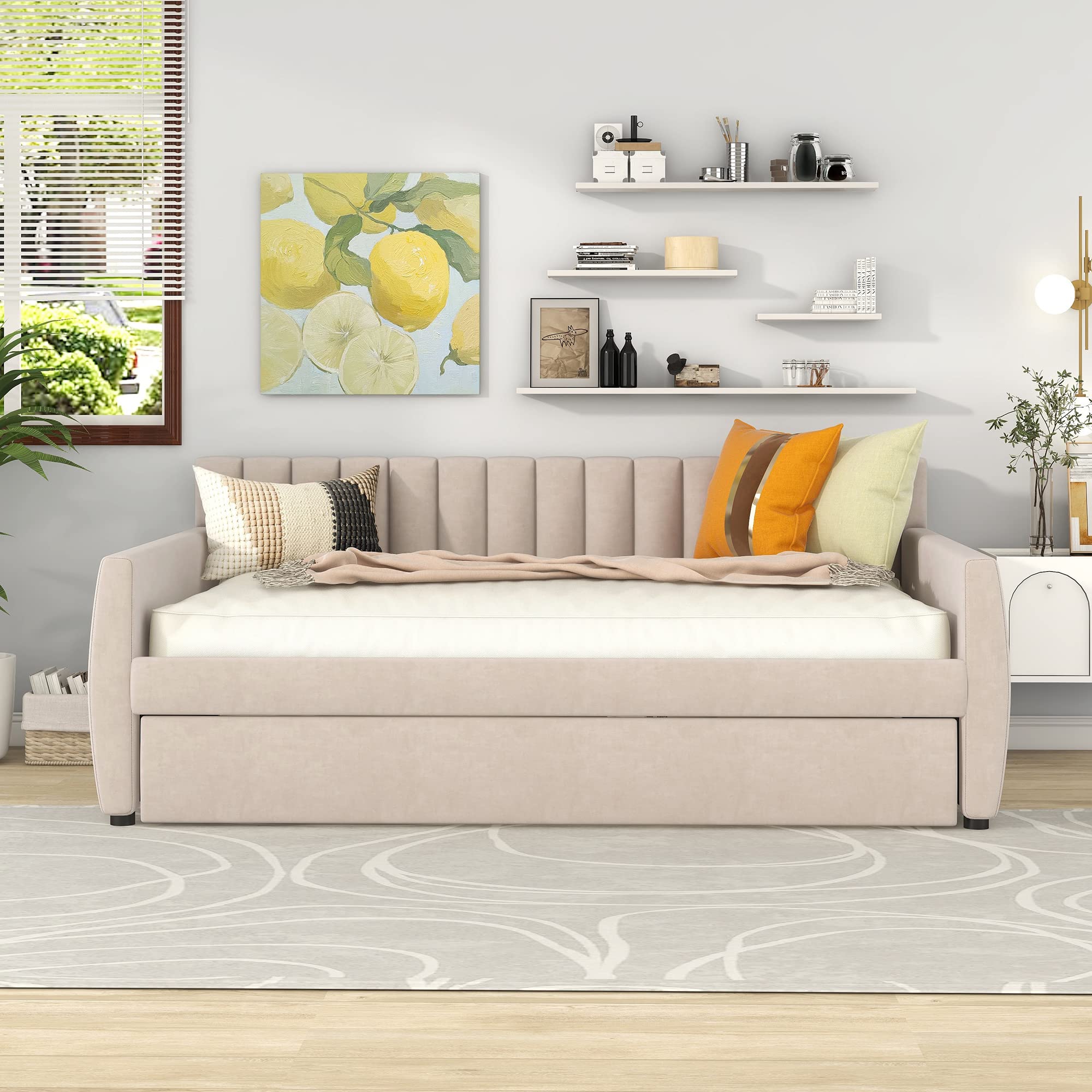 P PURLOVE Full Size Upholstered Daybed with Trundle - Velvet Sofa Bed with Pull Out Trundle & Wood Slats for Living Room, Guest Bedroom & Small Space - Convertible Sleeper Sofa for Lounge, Nap & Overnight Guests