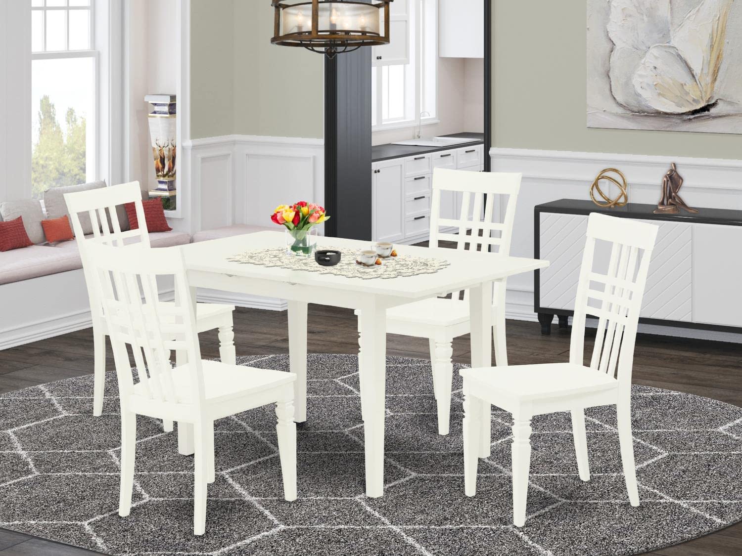 East West Furniture 5 Piece Dining Room Set with Butterfly Leaf Table & 4 Chairs - 32x54 Inch Linen White Kitchen Table Set for Small Spaces | Perfect for Breakfast Nook, Apartment Dining & Family Gatherings