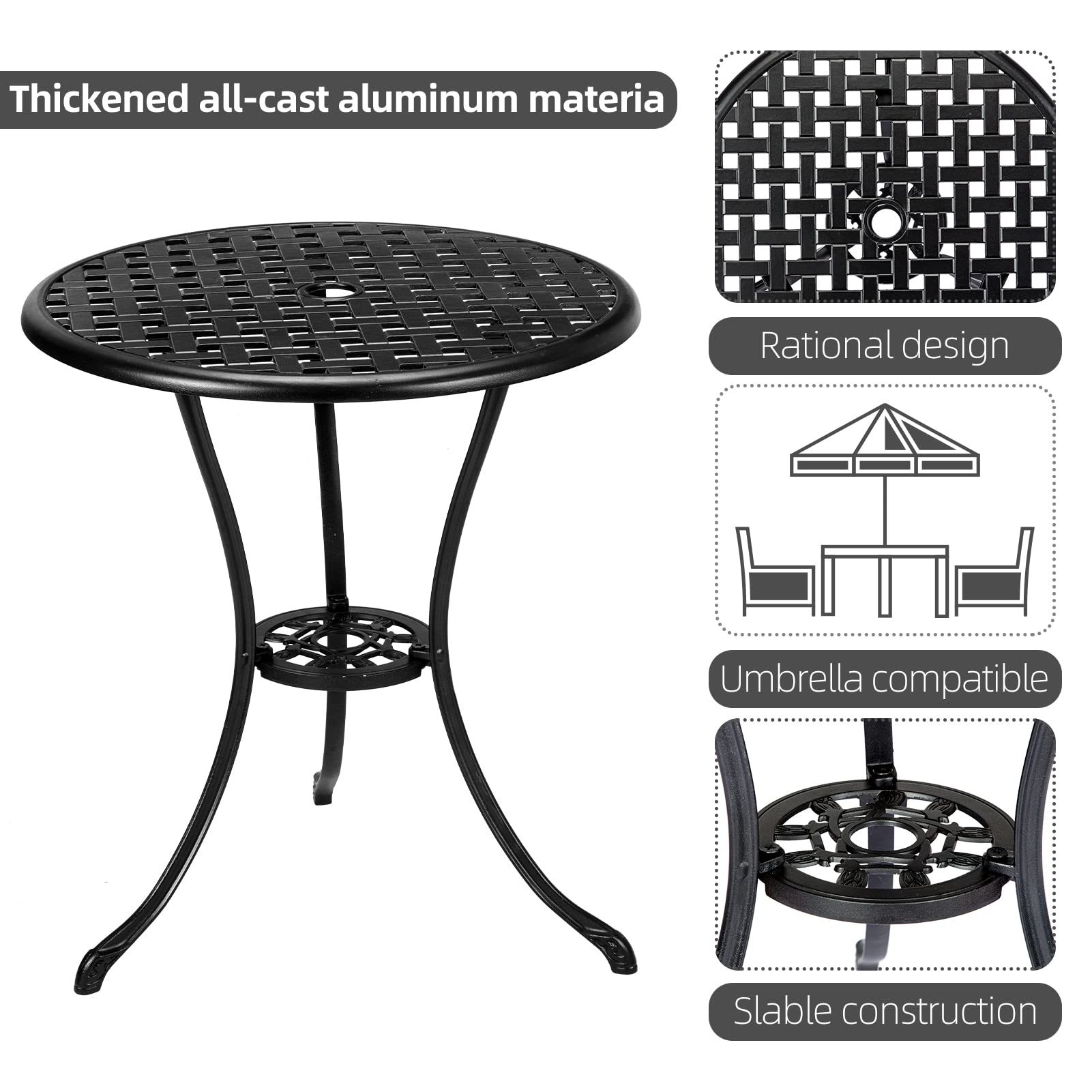 3 Piece Bistro Set - Durable Cast Aluminum Outdoor Table and Chairs with Umbrella Hole - Weather-Resistant Patio Furniture for Balcony, Backyard, Garden - Perfect for Outdoor Dining, Coffee Break and Relaxing (Black)