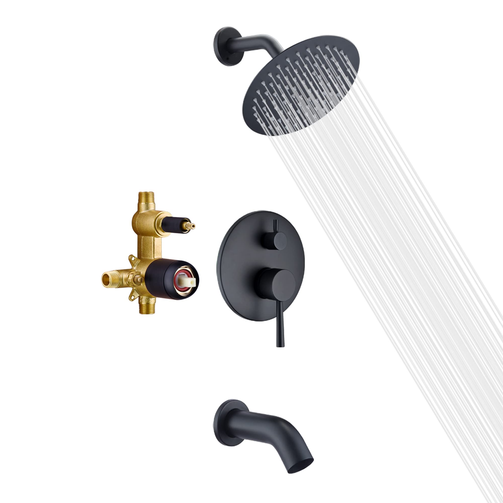 Sumerain Black Tub and Shower Trim Kit with Rough-in Valve - 8 Inch Rainfall Shower Head, Pressure Balance Cartridge & Tub Spout for Bathroom Remodeling and Luxury Shower Experience