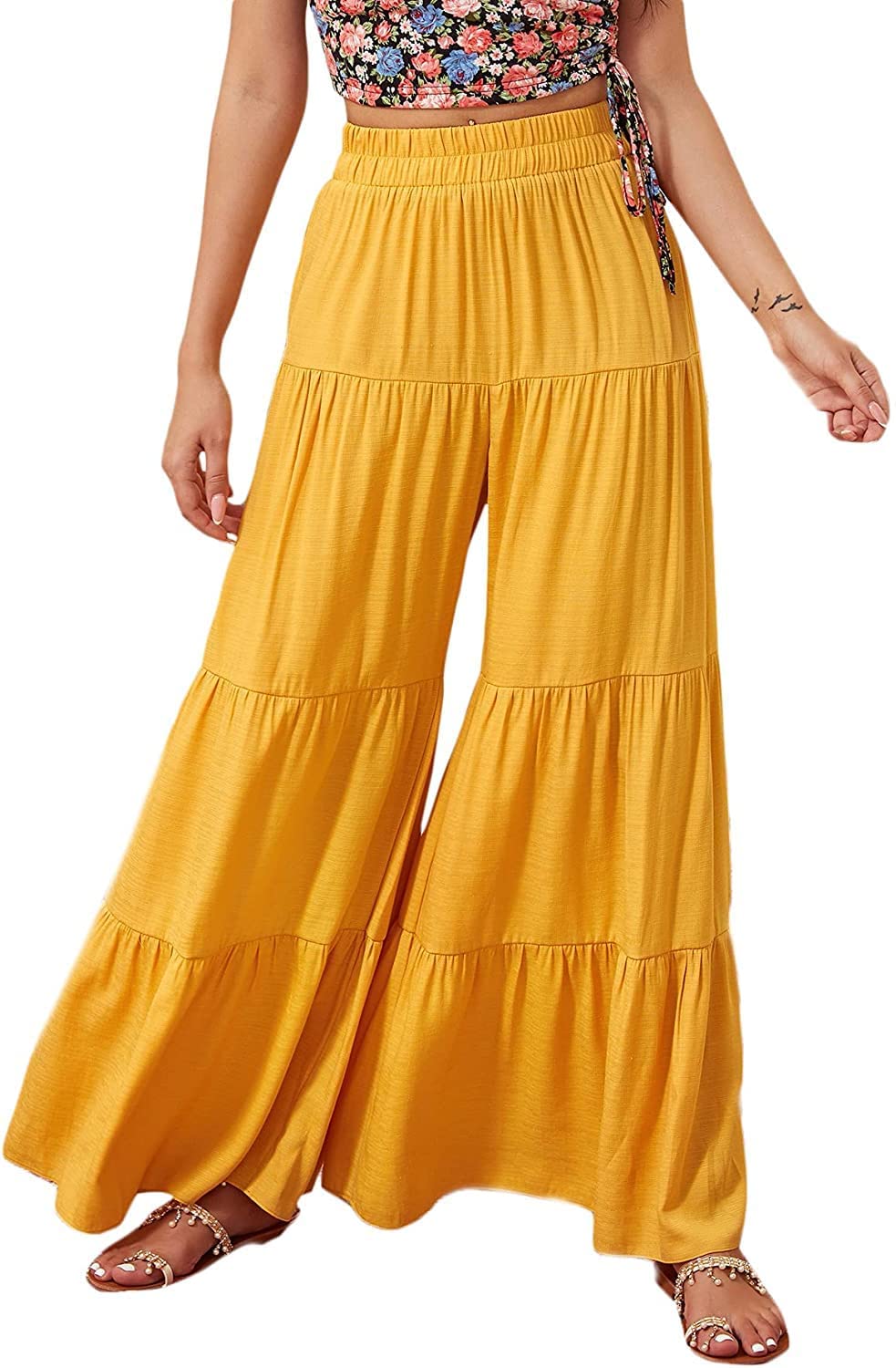 Floerns Women's Boho Elastic High Waisted Ruffle Hem Wide Leg Palazzo Pants - Comfortable & Stylish for Summer, Beach, Vacation & Casual Wear