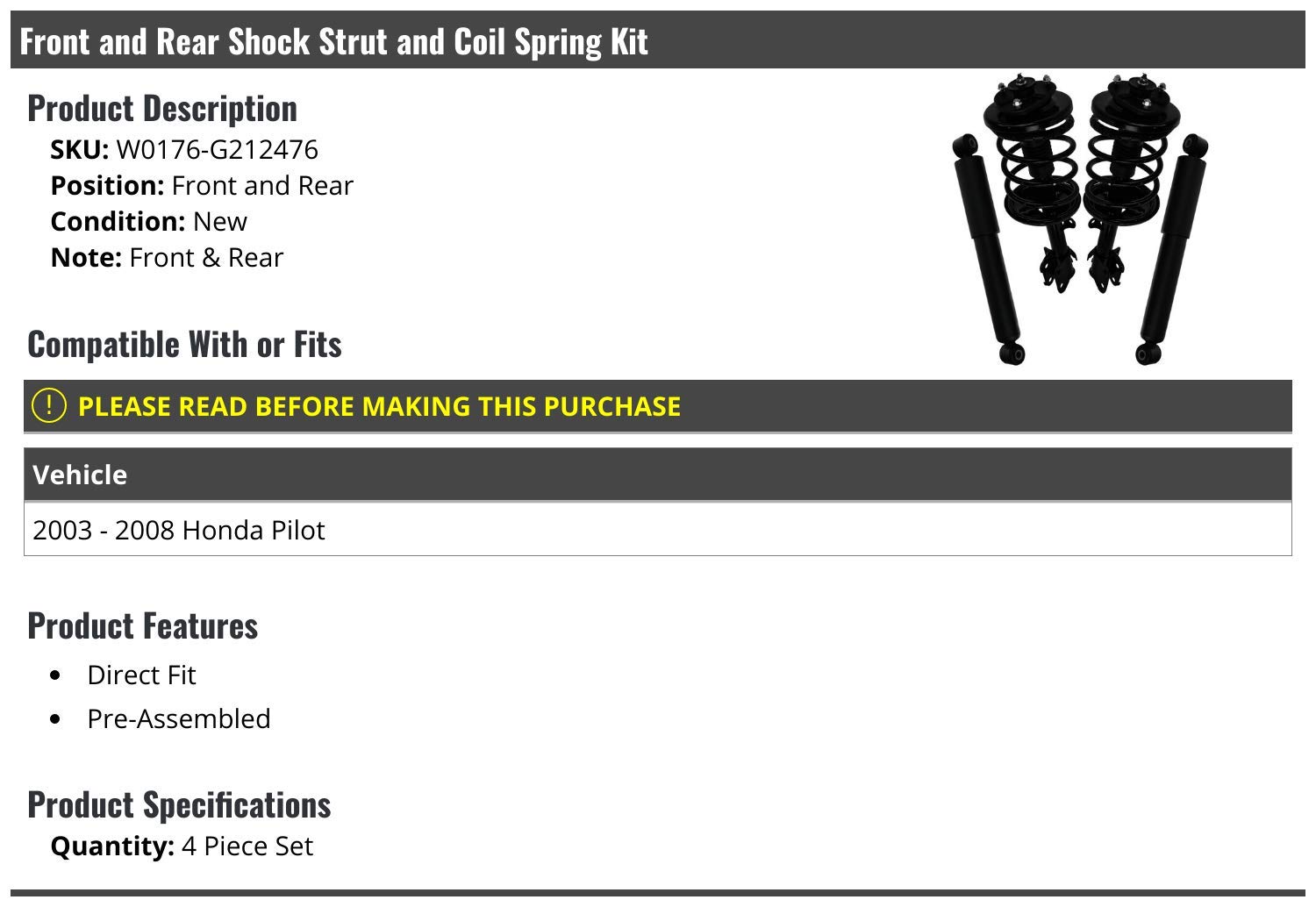2003-2008 Honda Pilot Front & Rear Shock Strut & Coil Spring Kit - 4 Piece Complete Suspension Set for Smooth Ride & Improved Handling - Perfect for Off-Roading, Daily Commuting & Rough Road Conditions