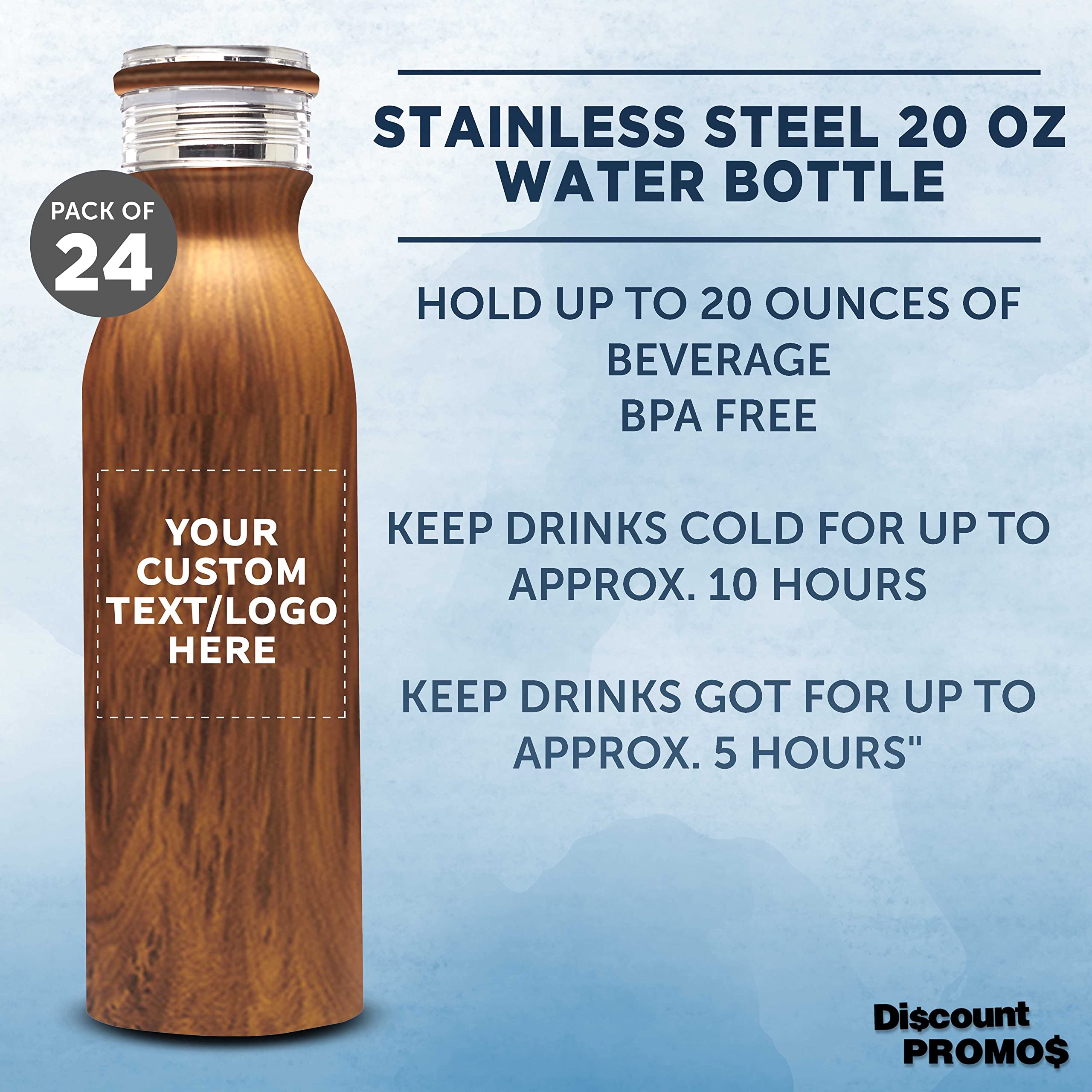 Echo 20 oz Custom Stainless Steel Water Bottles - 24-Pack Bulk Personalized Vacuum Insulated Double Wall Thermos - Keeps Coffee, Tea & Beverages Hot/Cold for 24 Hours - Ideal for Office, Gym, Camping & Outdoor Activities