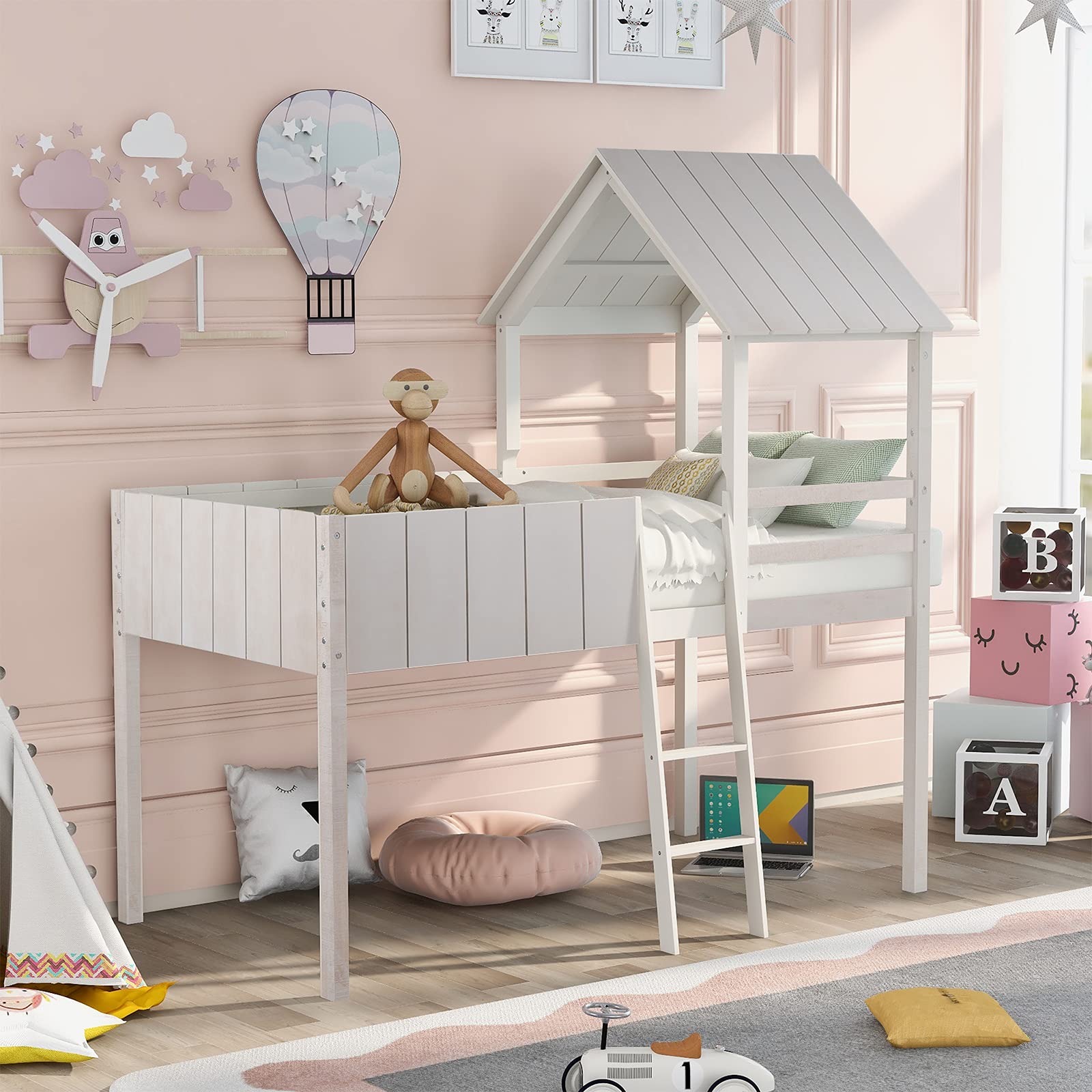 Twin Size Wooden Loft Bed with Roof, Guardrail & Ladder - House Style Bed Frame (White) - No Box Spring Needed - Perfect for Kids Rooms, Small Spaces & Dorm Rooms