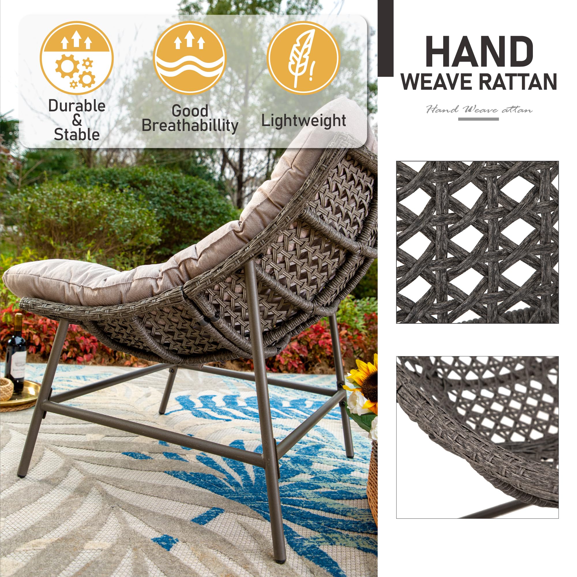 Sophia & William Outdoor Papasan Chairs Set of 2 - Rattan Club Scoop Lounge Chairs with 3.9