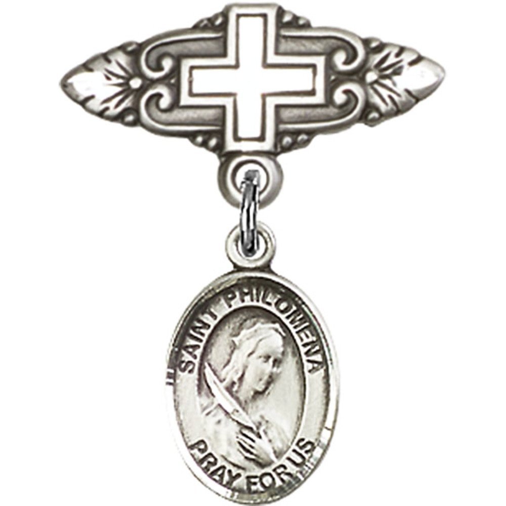 St. Philomena Sterling Silver Baby Badge with Cross Charm & Pin - 1 x 3/4 Inch - Perfect for Christenings, First Communions & Religious Gifts