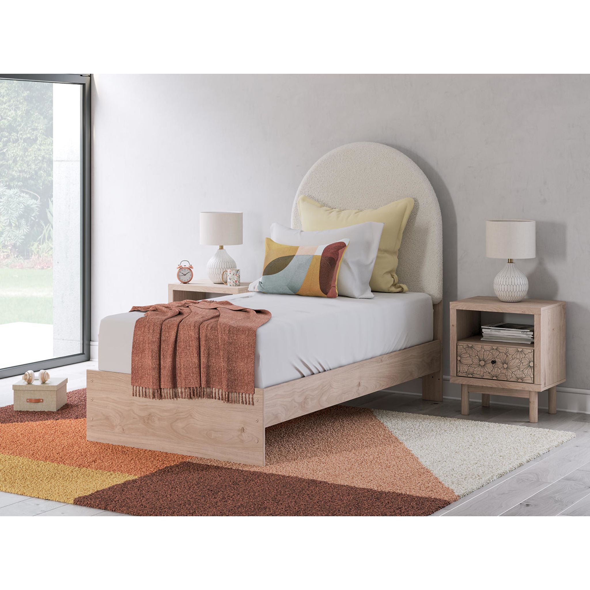 Arloster Modern Platform Bed Frame - Queen Size, Tan & White Wooden Slat Support - Perfect for Bedroom, Guest Room, or Studio Apartment