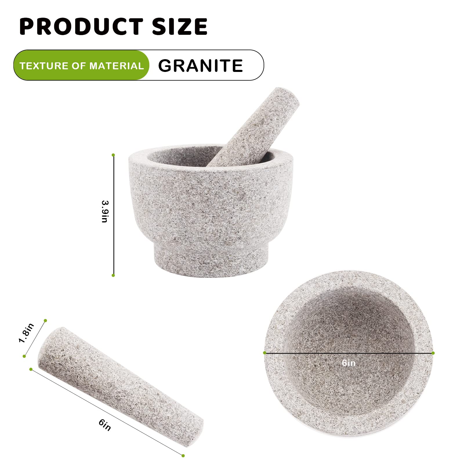 Premium Granite Mortar and Pestle Set - 6 Inch Heavy Duty Unpolished Stone Spice Grinder for Crushing, Mashing Herbs, Seeds, Nuts - Perfect for Guacamole, Garlic Paste, and Fresh Spice Blends - Ideal for Home Kitchens and Professional Chefs