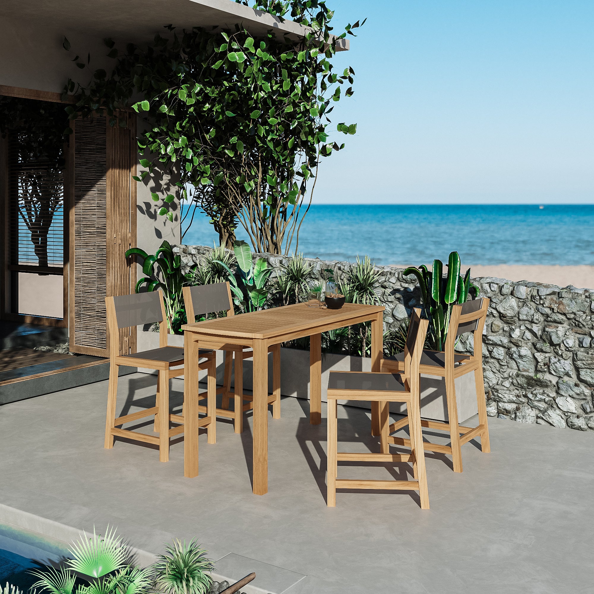 Premium 5-Piece Teak Outdoor Dining Set - Rectangular Counter Height Table & Chairs in Taupe - Perfect for Patio, Garden, and Backyard Entertaining