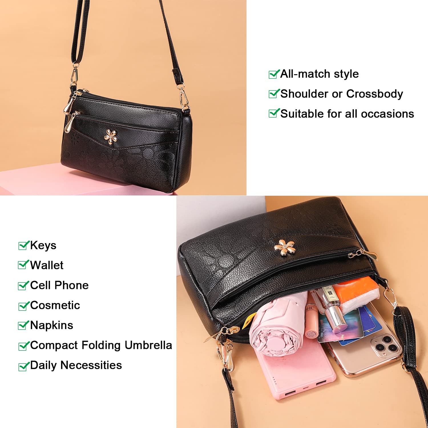 YIWEIYA Women's Leather Crossbody Shoulder Bag - Small Purse for Ladies - Perfect for Work, Travel & Everyday Use