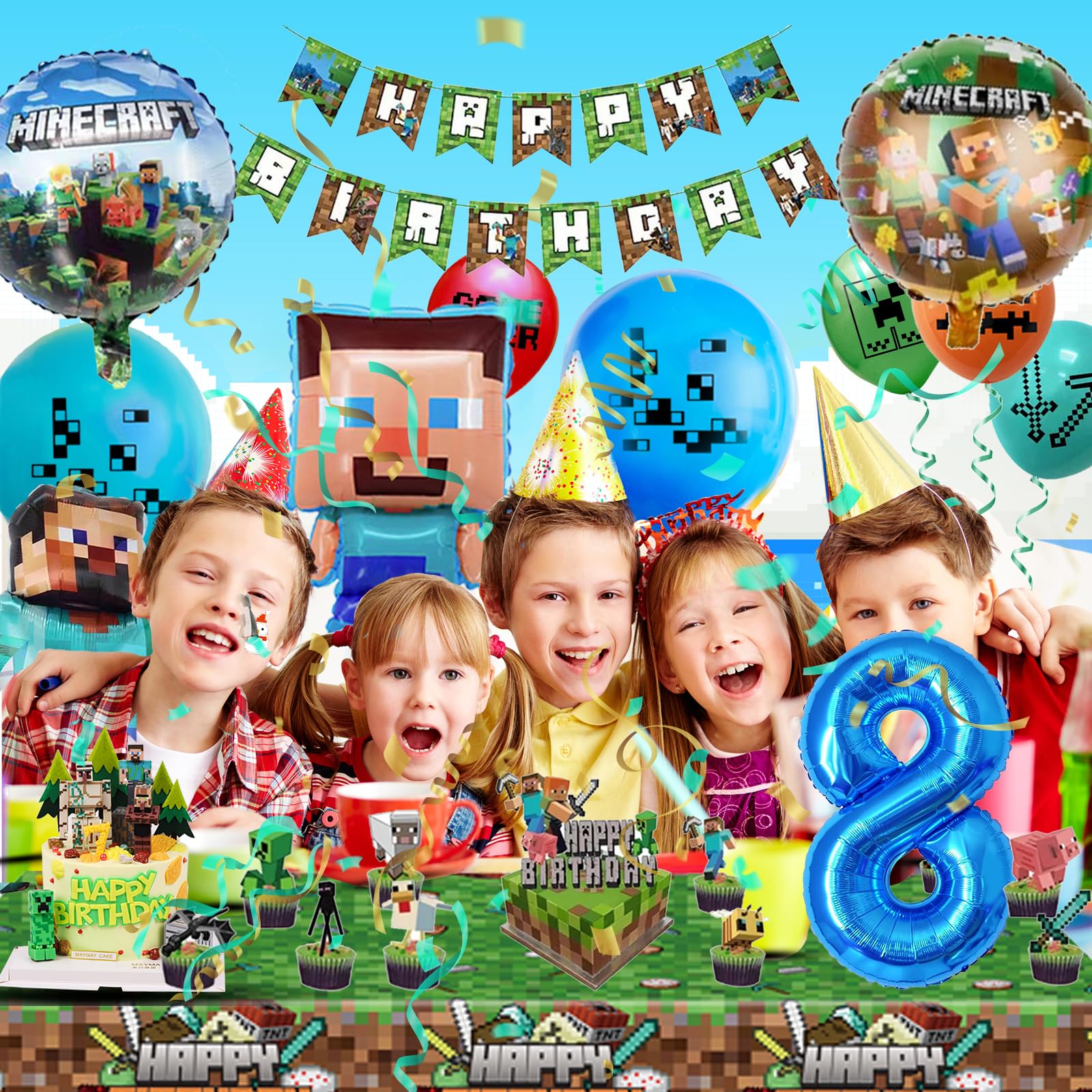Best Minecraft Birthday Decorations for 8 Year Old Girls - Themed Balloons, Garland & Cake Topper Set - Perfect for Gamer Parties, Miner-Themed Celebrations & Kids' Birthday Decor