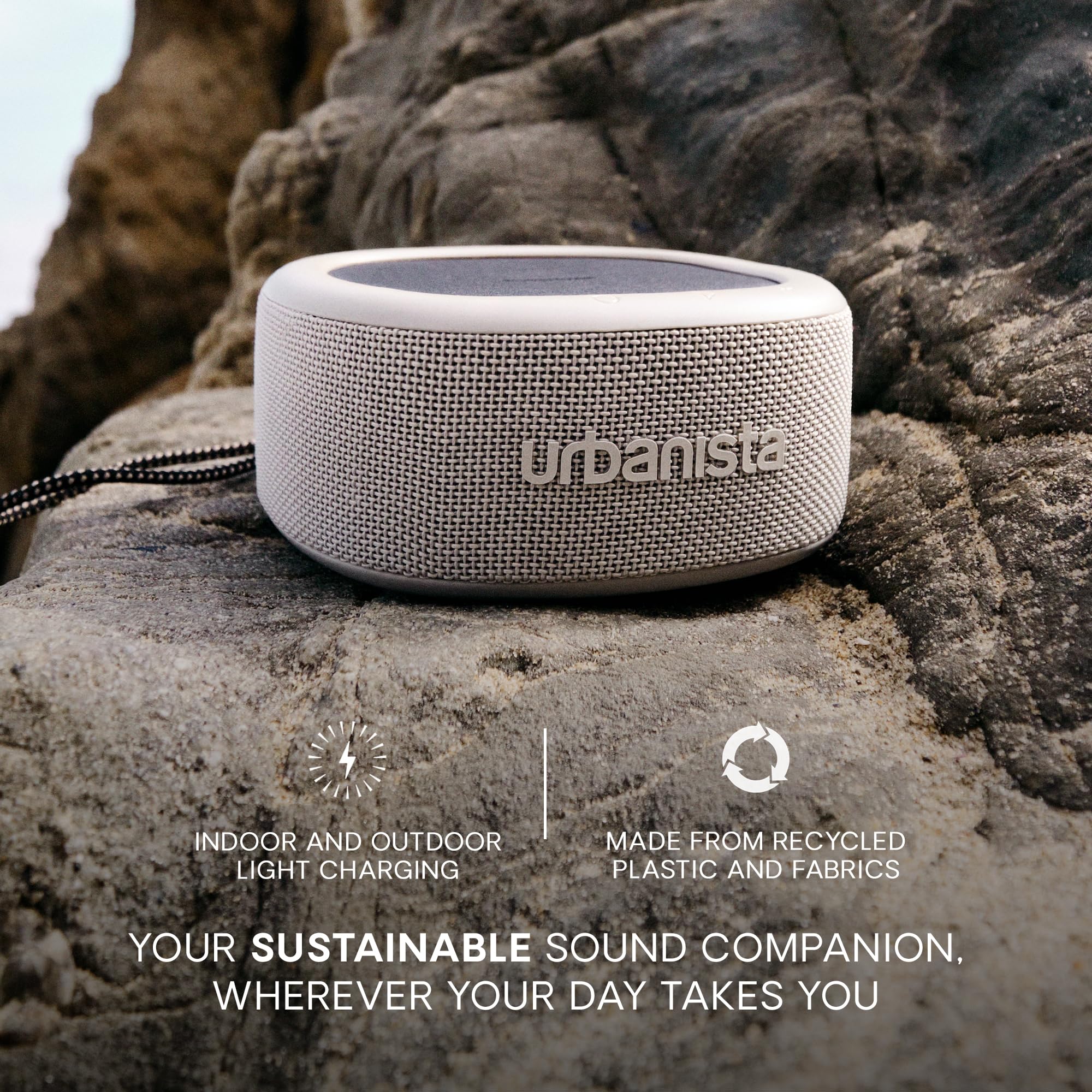 Urbanista Malibu Solar Bluetooth Speaker - 20W Wireless Portable Speaker with 45H Playtime, IP67 Waterproof, Stereo Sound & Dual Pairing - Compact Travel Speaker for Beach, Camping, Pool Parties & Home Use (Desert Grey)