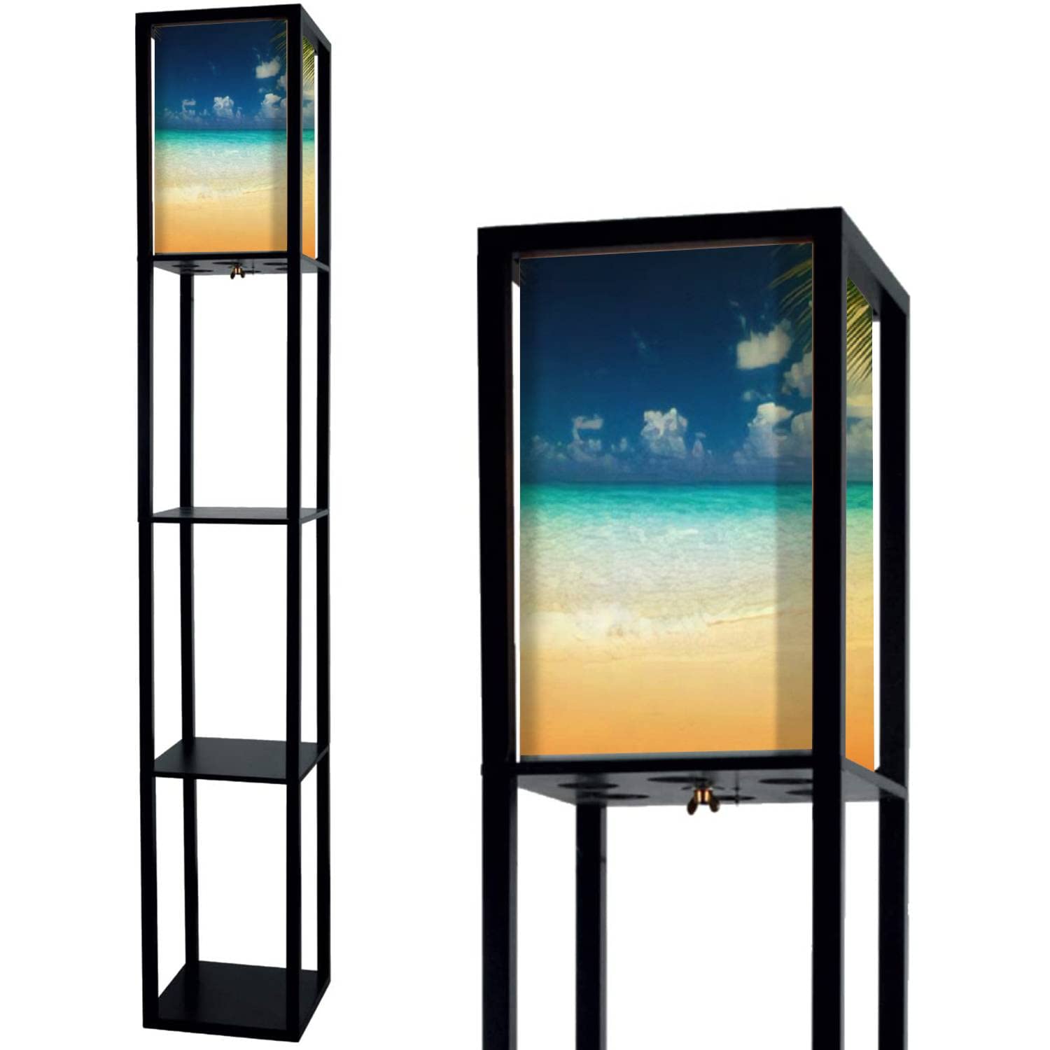 Tropical Sea Blue Sky Standing Lamp with Shelves - Flaxen Fabric Shade Tall Floor Lamp for Living Room, Bedroom, Office - Modern Corner & Bedside Lighting for Home Aesthetic Decor | Perfect for Reading Nook, Lounge Area & Coastal-Themed Spaces